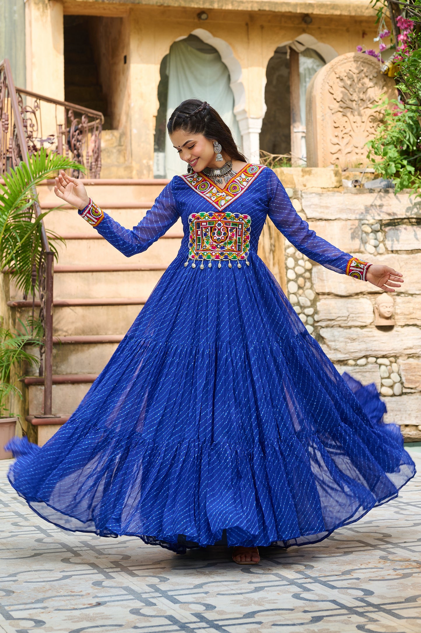 Blue Bandhani Print With Kutchi Patchework Dress
