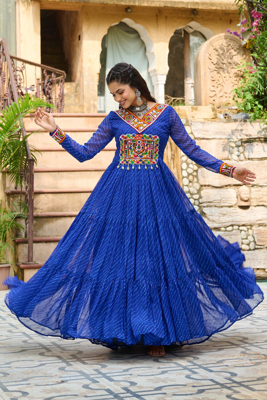 Blue Bandhani Print With Kutchi Patchework Dress