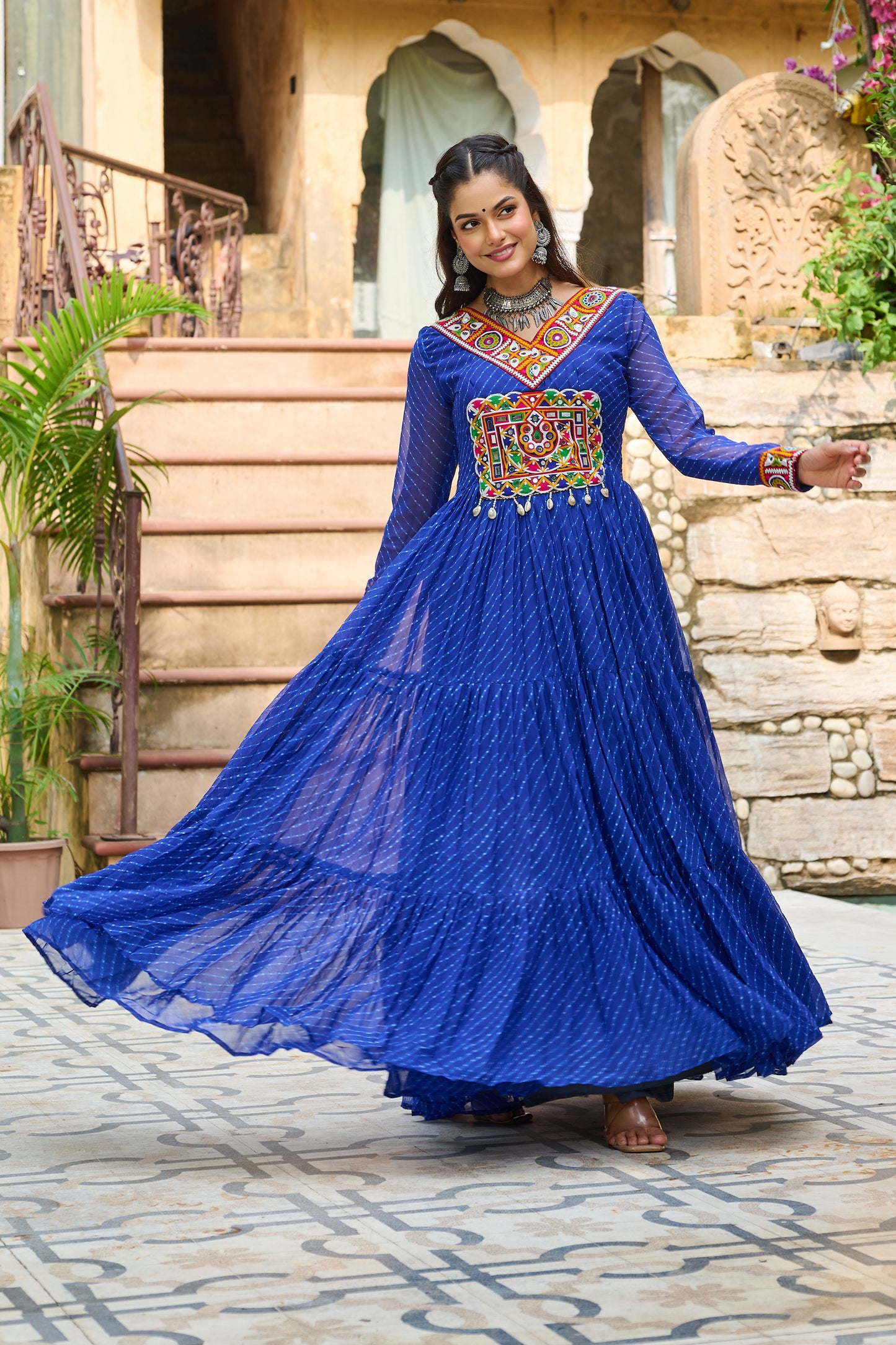 Blue Bandhani Print With Kutchi Patchework Dress