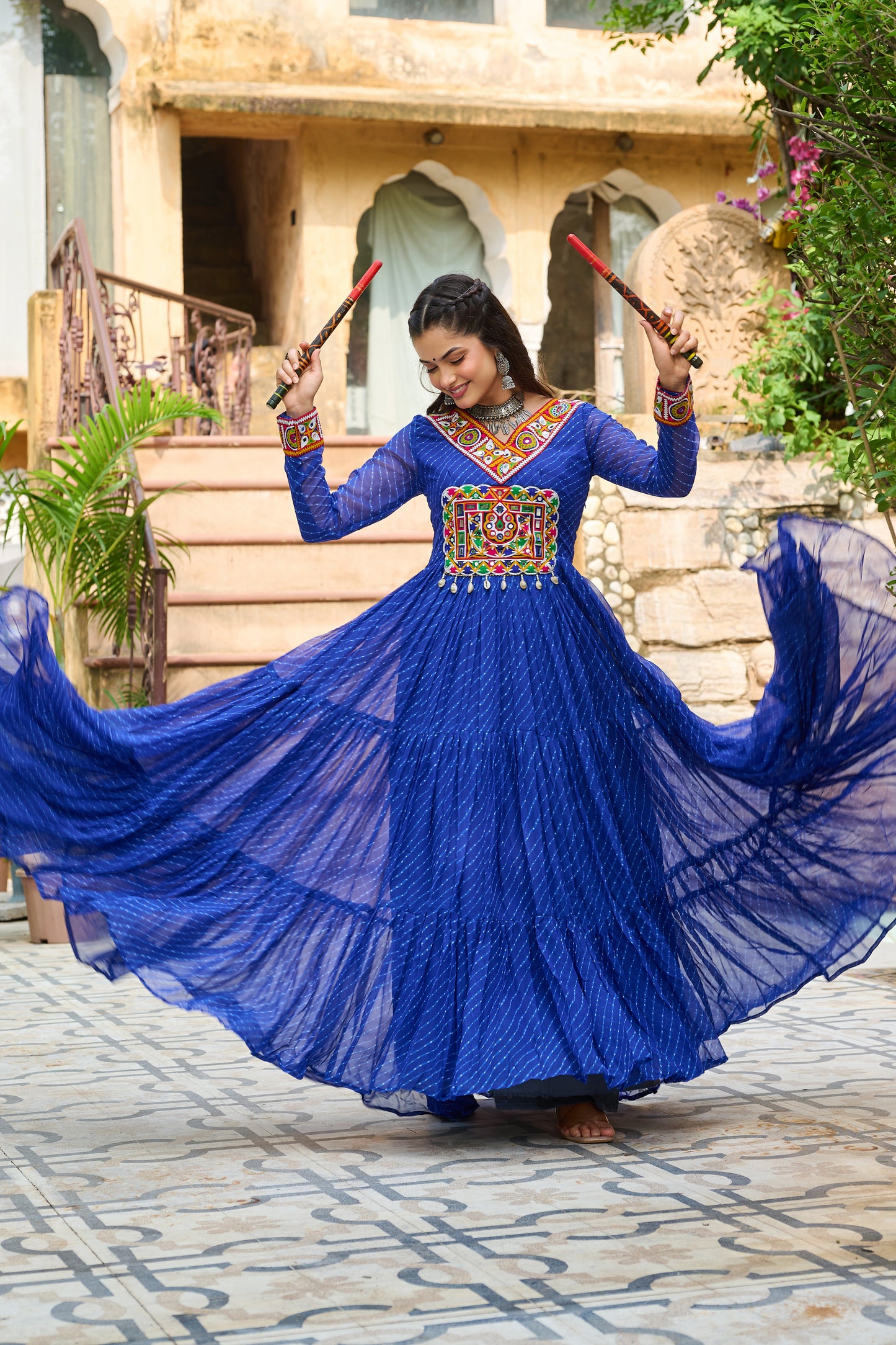 Blue Bandhani Print With Kutchi Patchework Dress