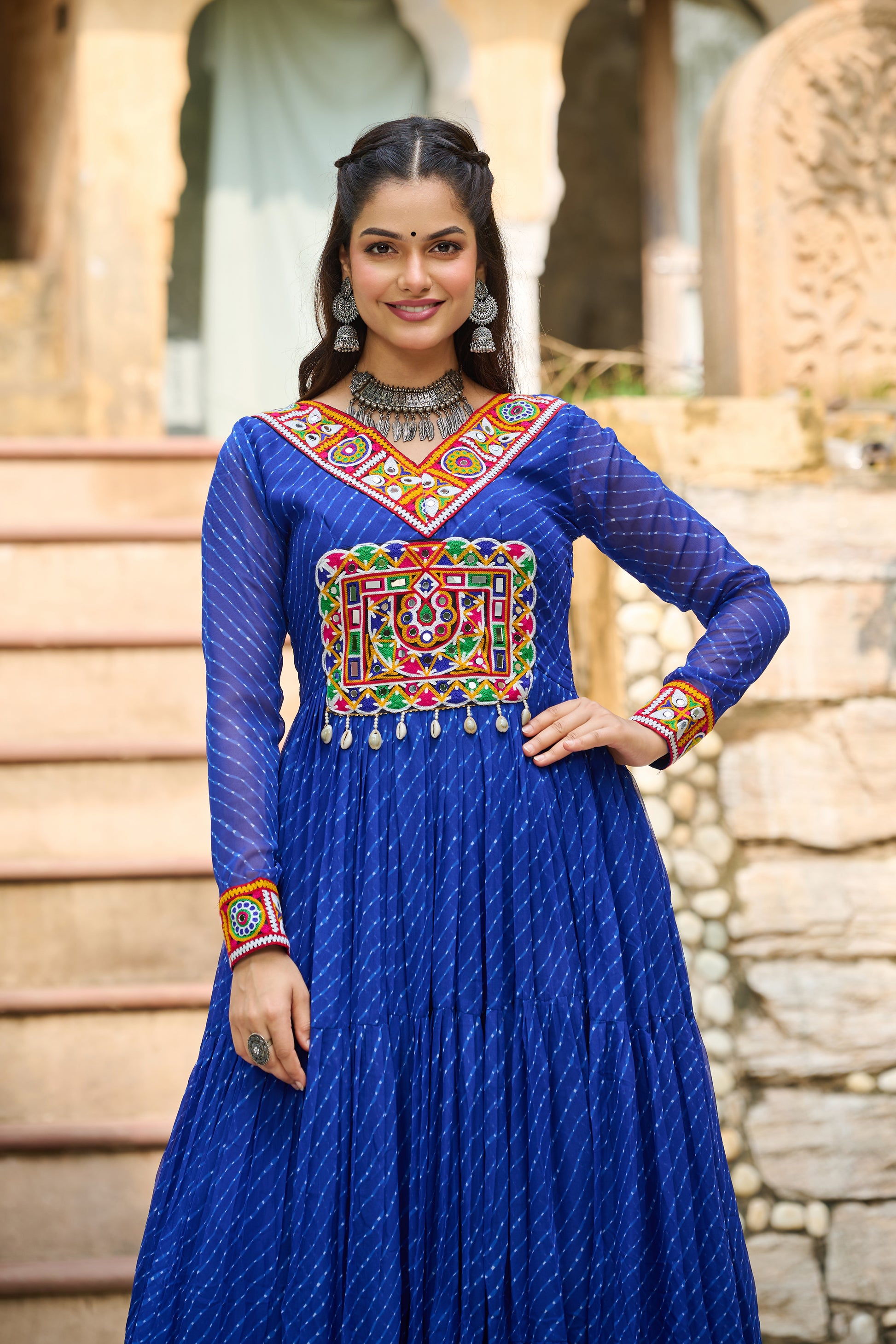 Blue Bandhani Print With Kutchi Patchework Dress