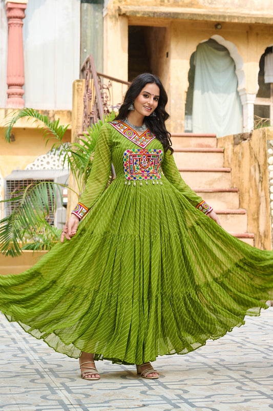Green Bandhani Print With Kutchi Patchework Dress for Garba Nighta