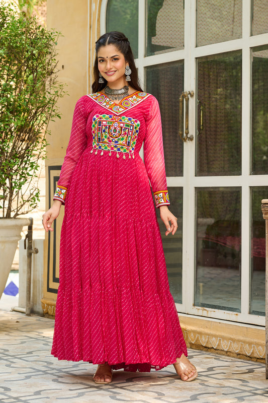 Pink Bandhani Print With Kutchi Patchework Dress for Garba Night