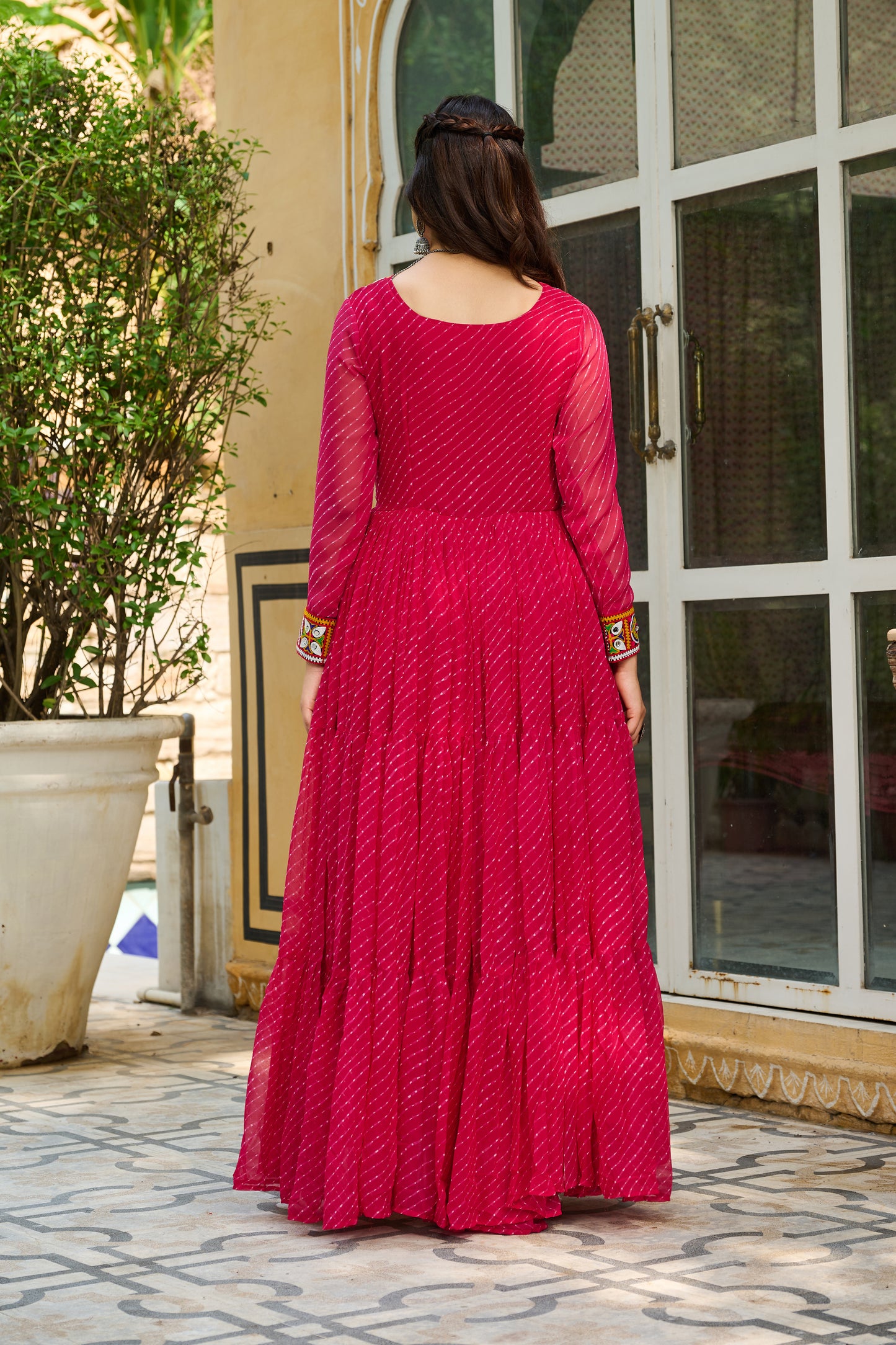 Pink Bandhani Print With Kutchi Patchework Dress for Garba Night