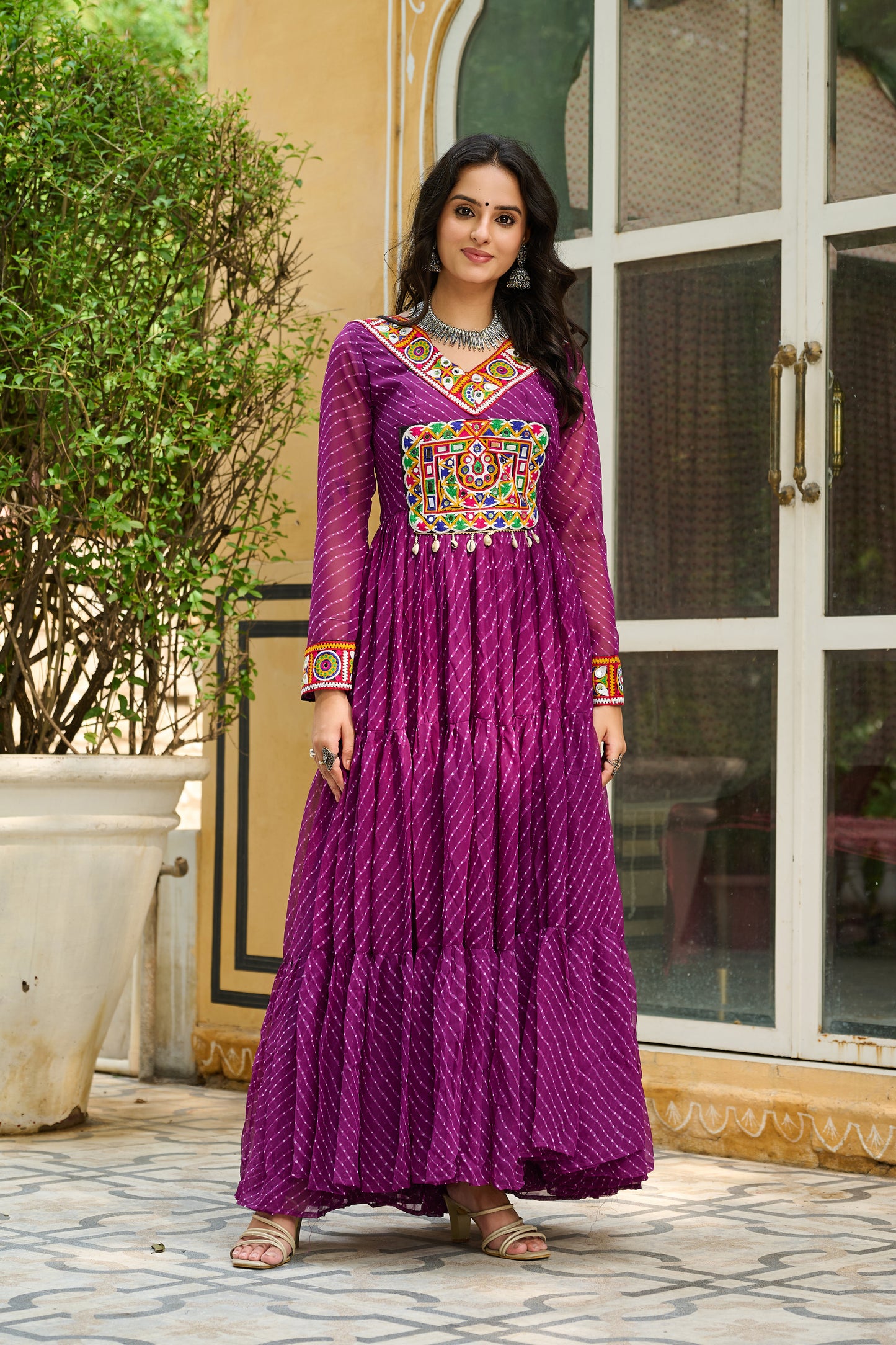 Wine Bandhani Print With Kutchi Patchework Dress for Garba Nighta