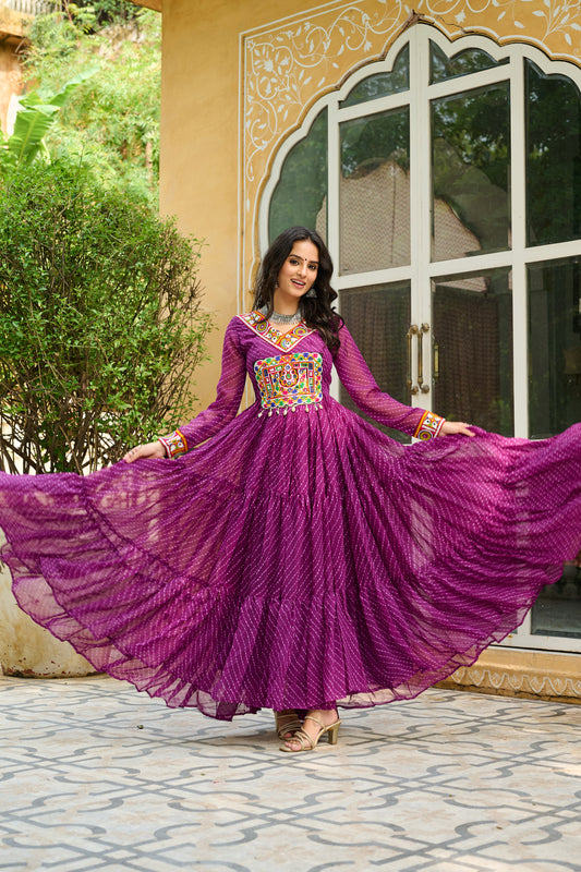 Wine Bandhani Print With Kutchi Patchework Dress for Garba Nighta