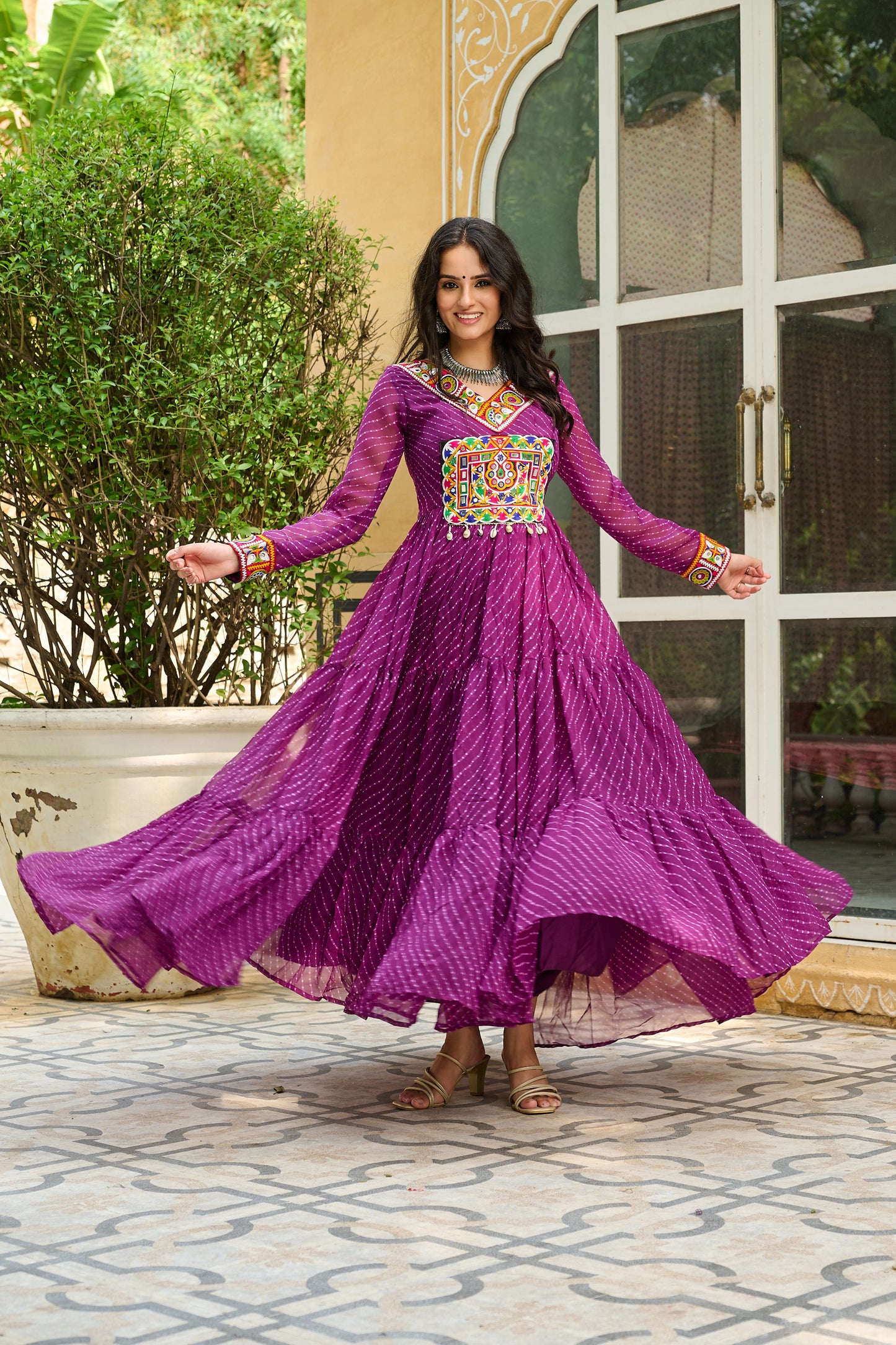 Wine Bandhani Print With Kutchi Patchework Dress for Garba Nighta