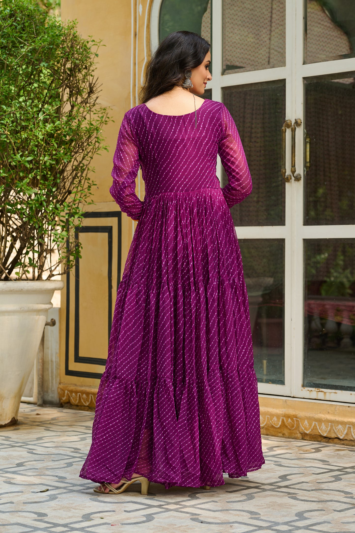 Wine Bandhani Print With Kutchi Patchework Dress for Garba Nighta