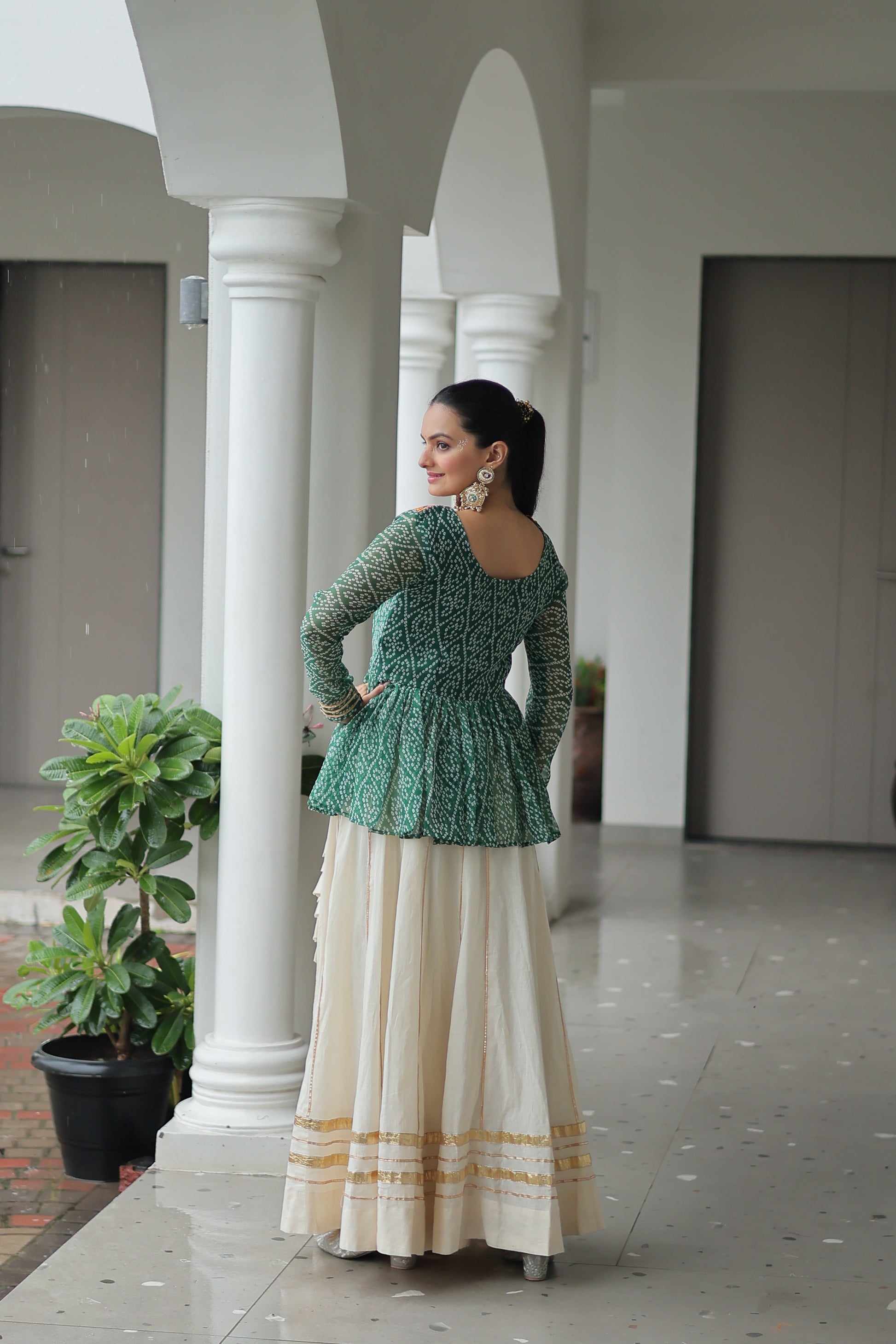Green Bandhani Printed Top And Lehenga For Garba