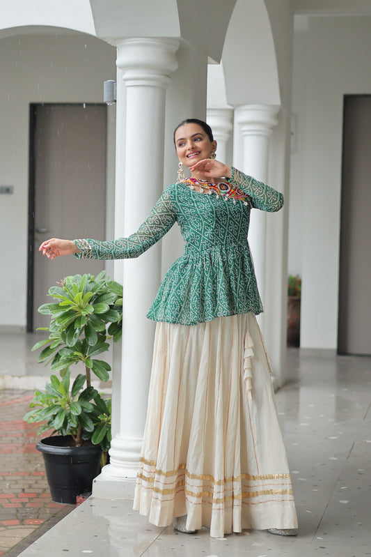 Green Bandhani Printed Top And Lehenga For Garba