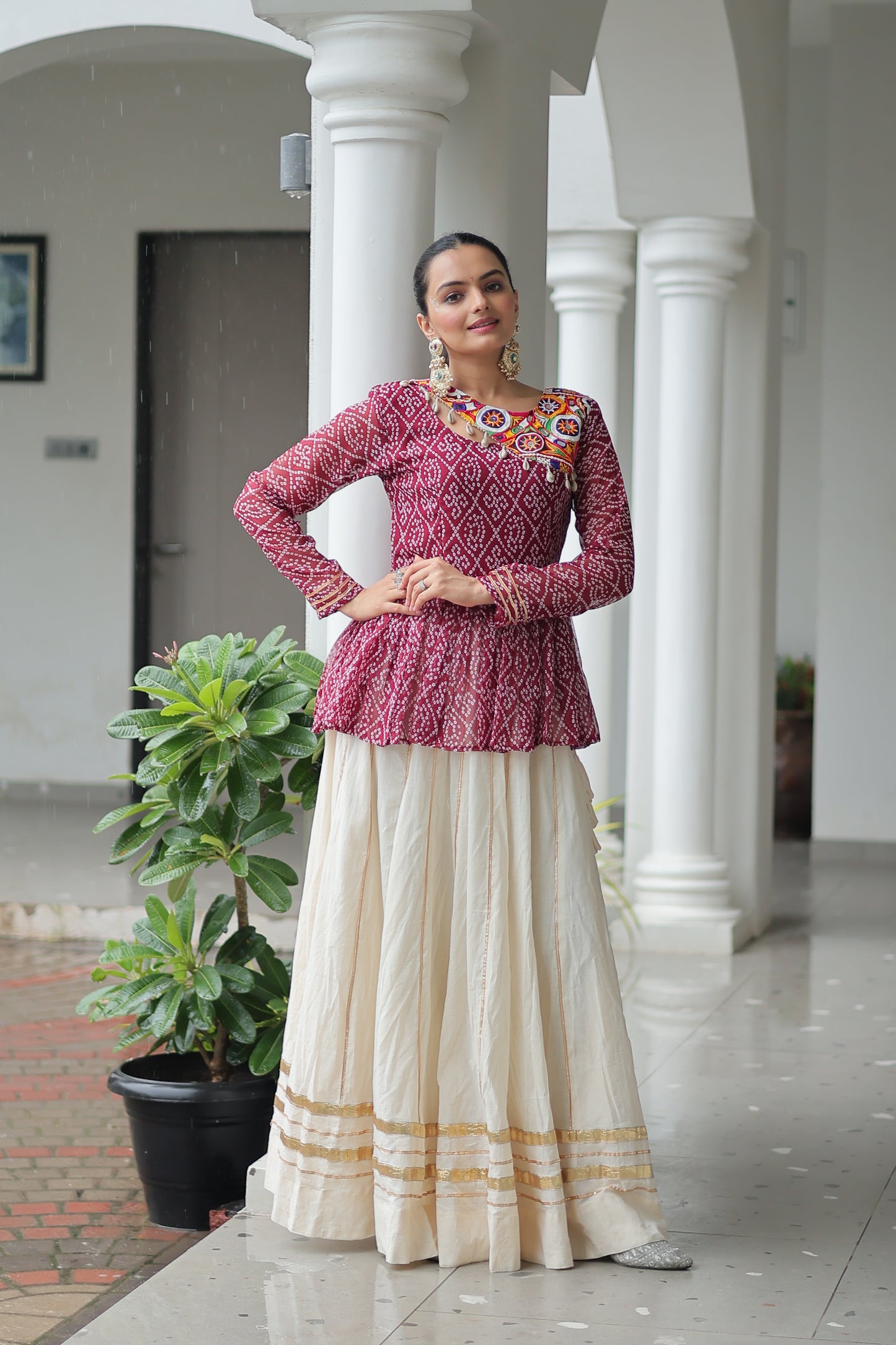 Maroon Bandhani Printed Top And Lehenga For Garba