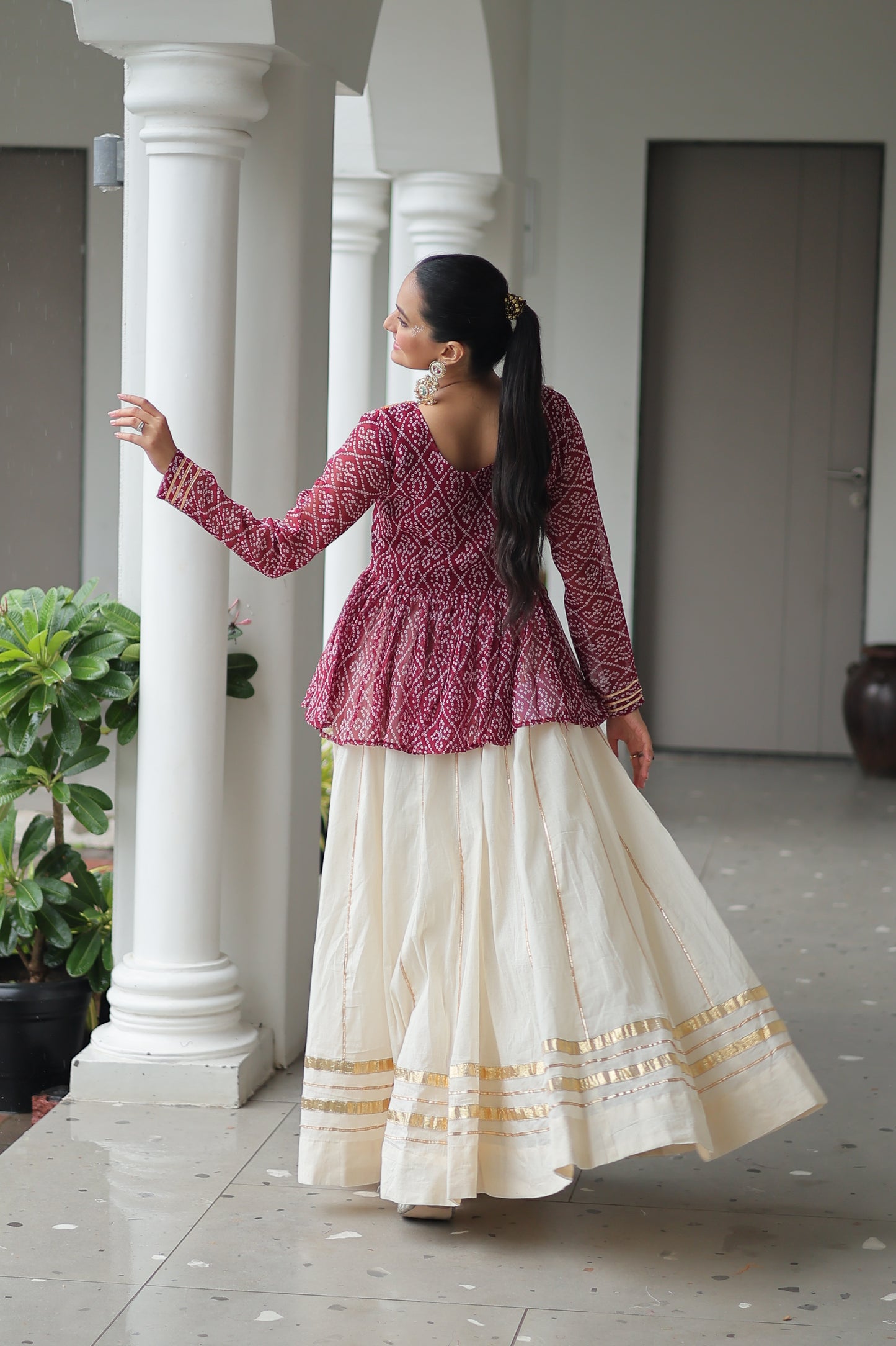 Maroon Bandhani Printed Top And Lehenga For Garba