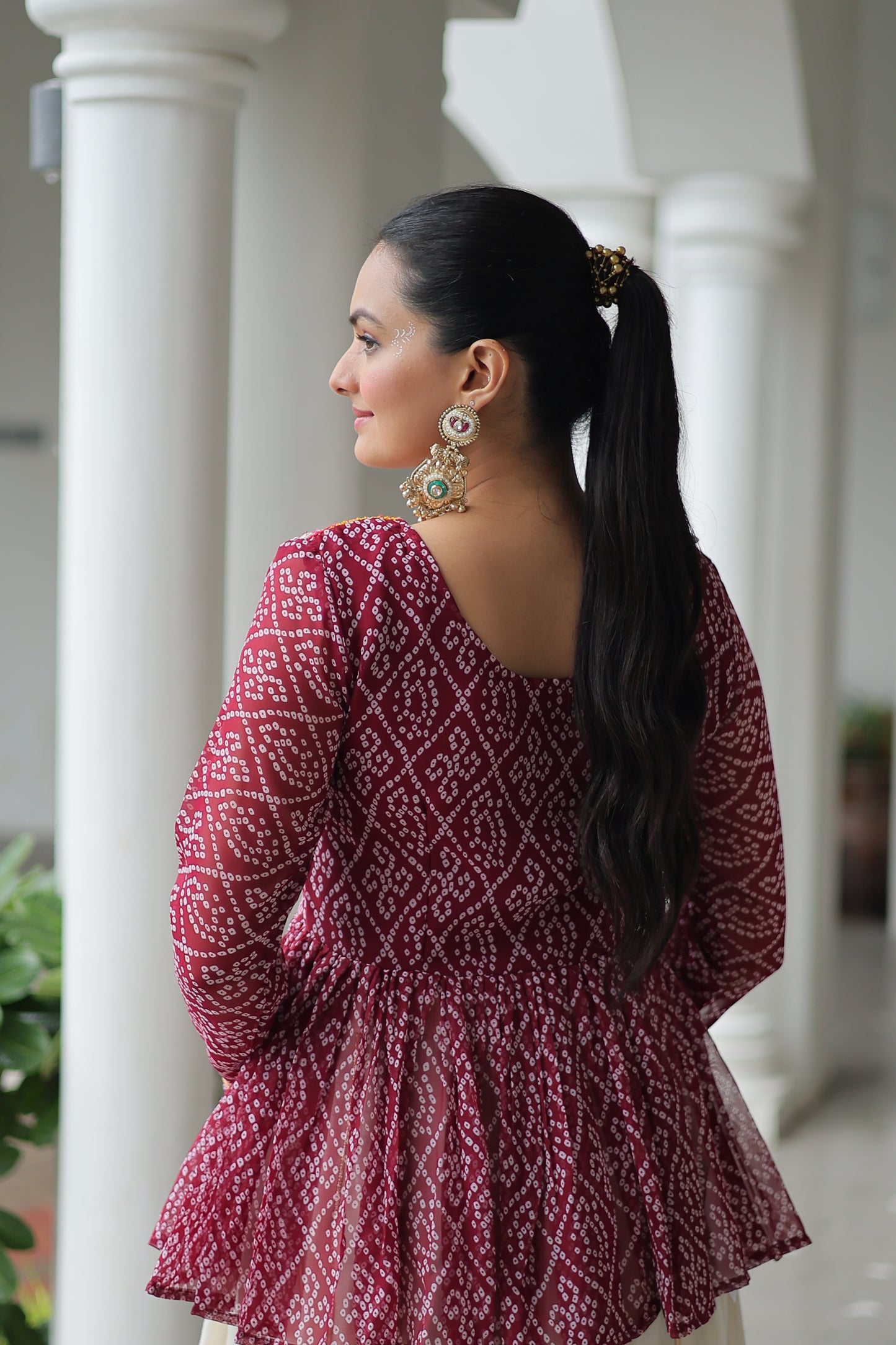 Maroon Bandhani Printed Top And Lehenga For Garba
