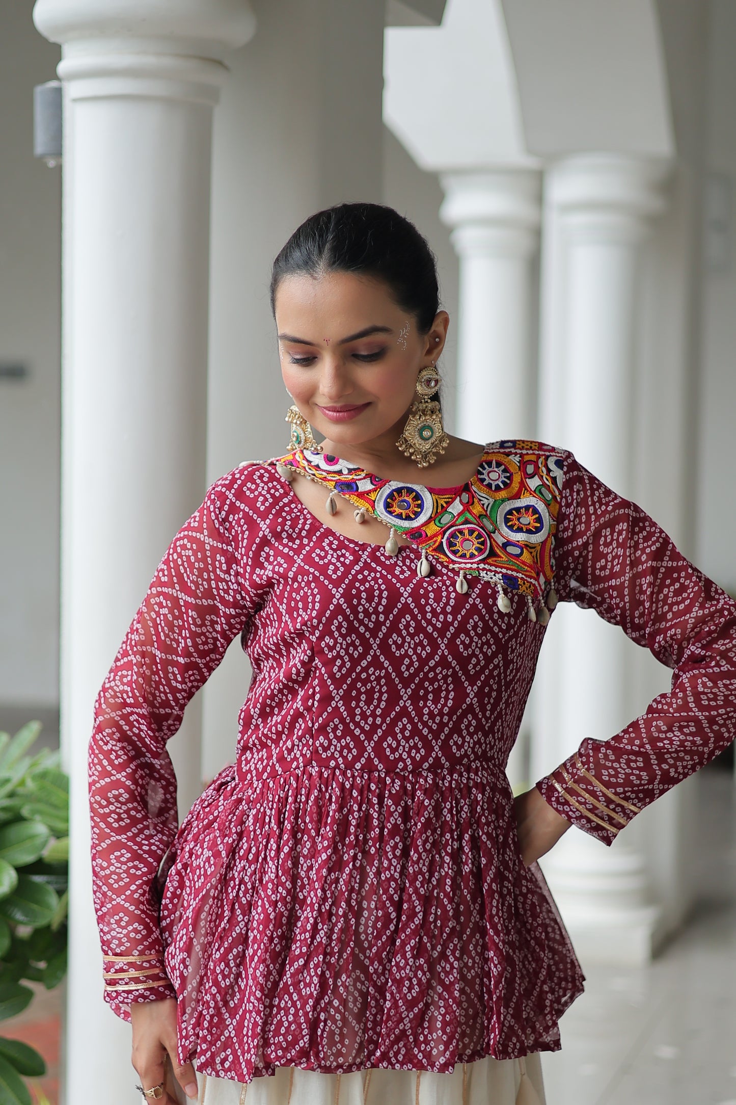 Maroon Bandhani Printed Top And Lehenga For Garba