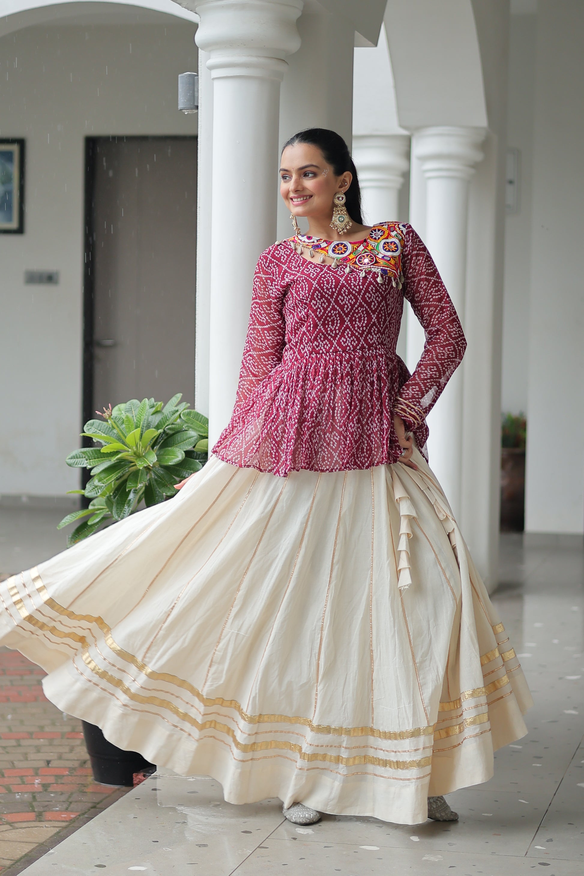 Maroon Bandhani Printed Top And Lehenga For Garba