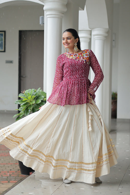 Maroon Bandhani Printed Top And Lehenga For Garba