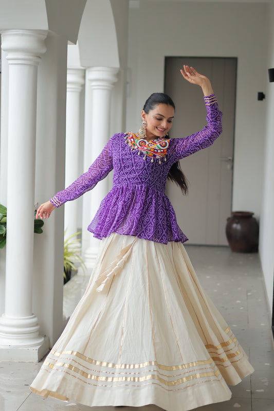 Purple Bandhani Printed Top And Lehenga For Garba