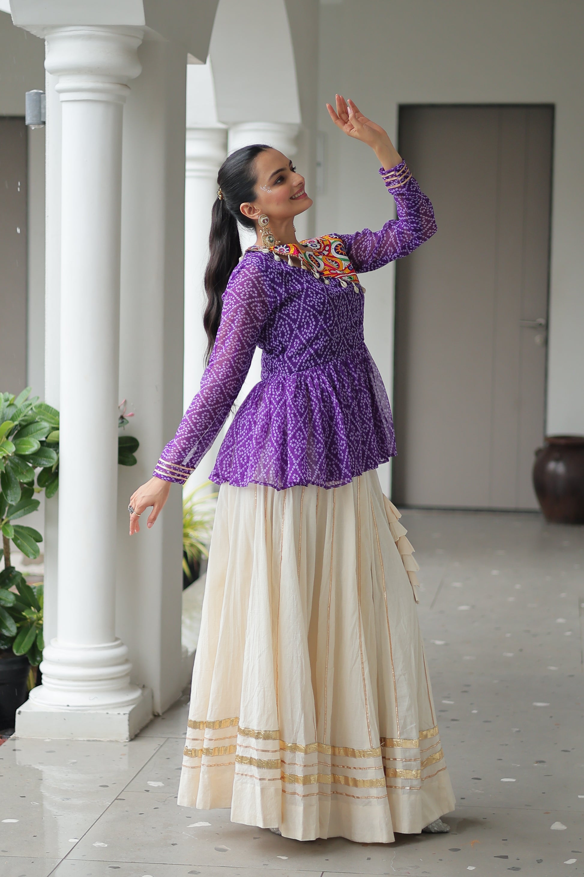 Purple Bandhani Printed Top And Lehenga For Garba