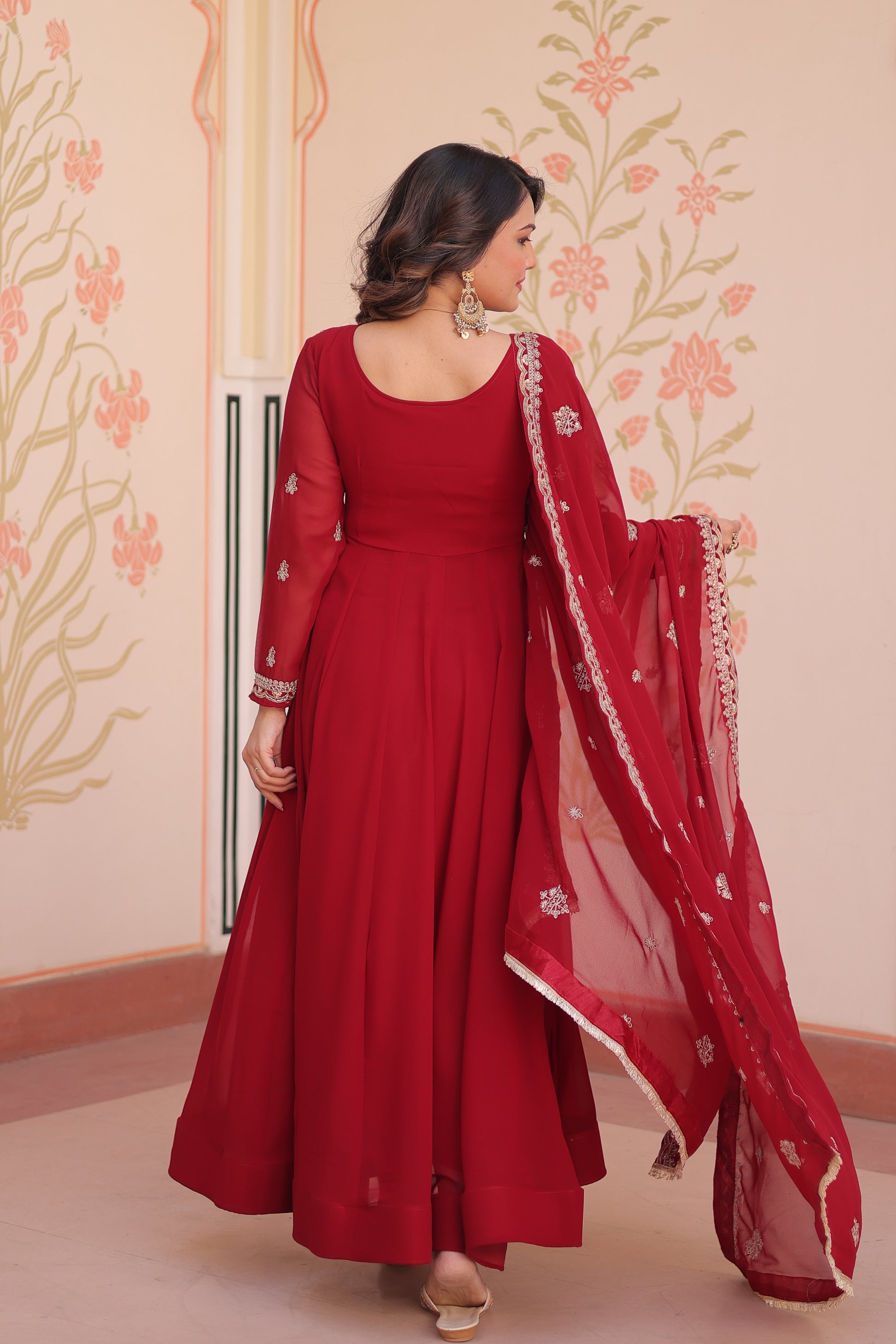 Red Georgette Embroidery Anarkali Ethnic Gown With Dupatta