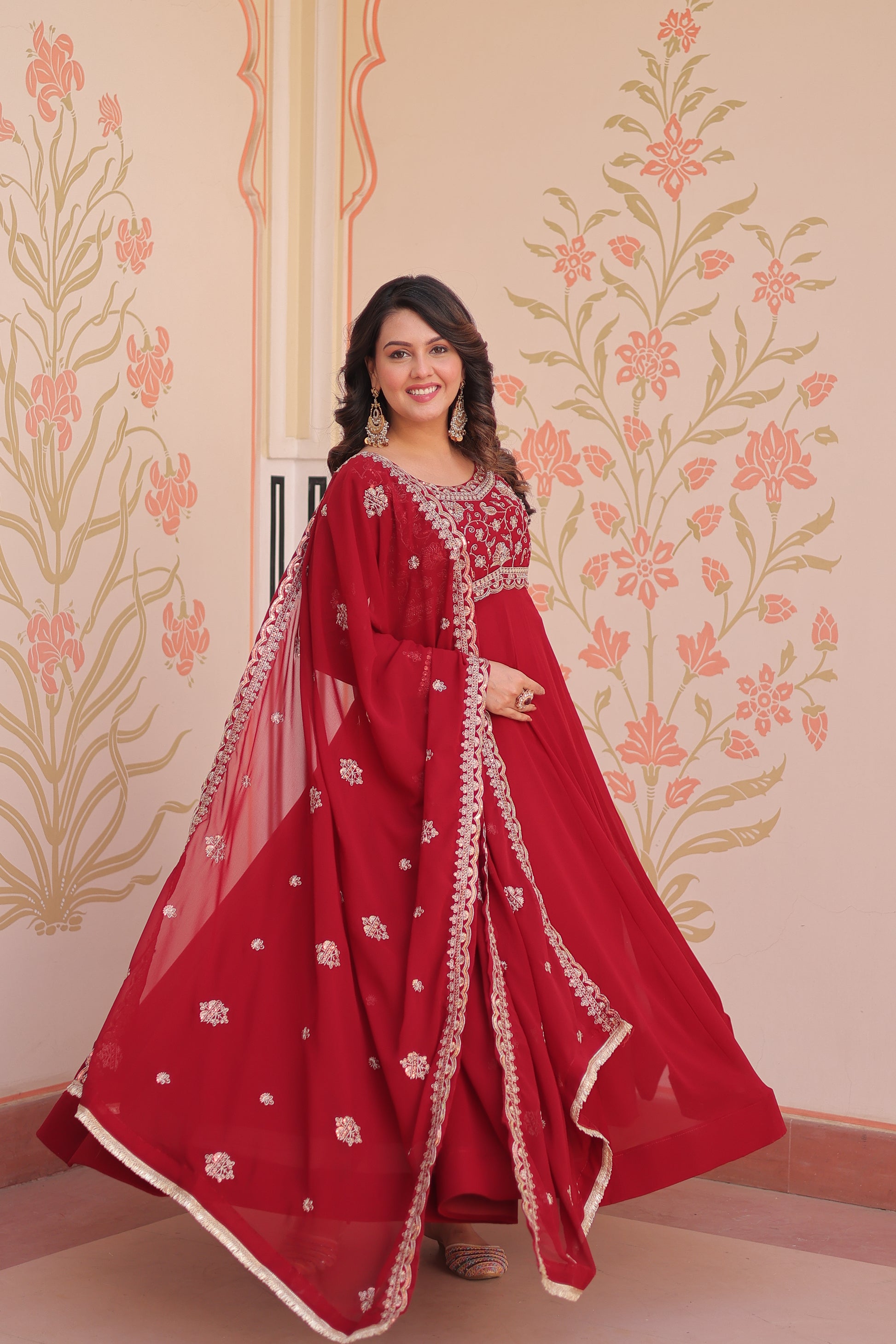 Red Georgette Embroidery Anarkali Ethnic Gown With Dupatta