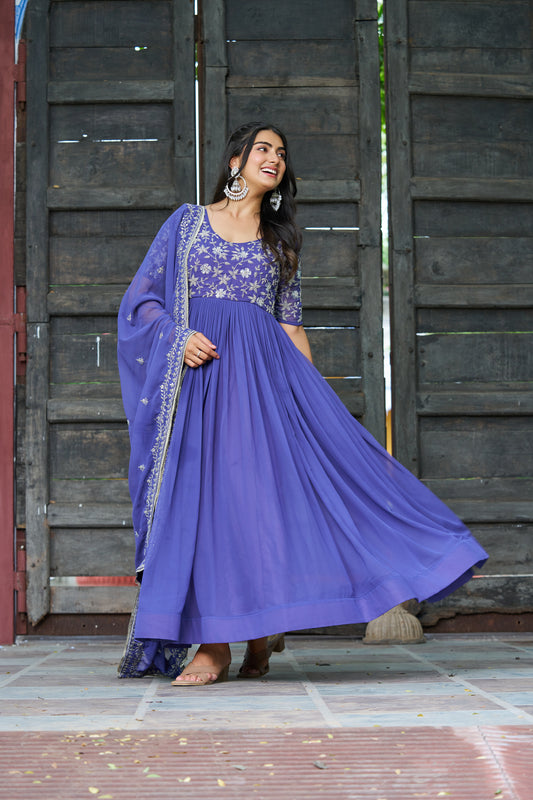 Blue Embroidered work Ethnic Gown