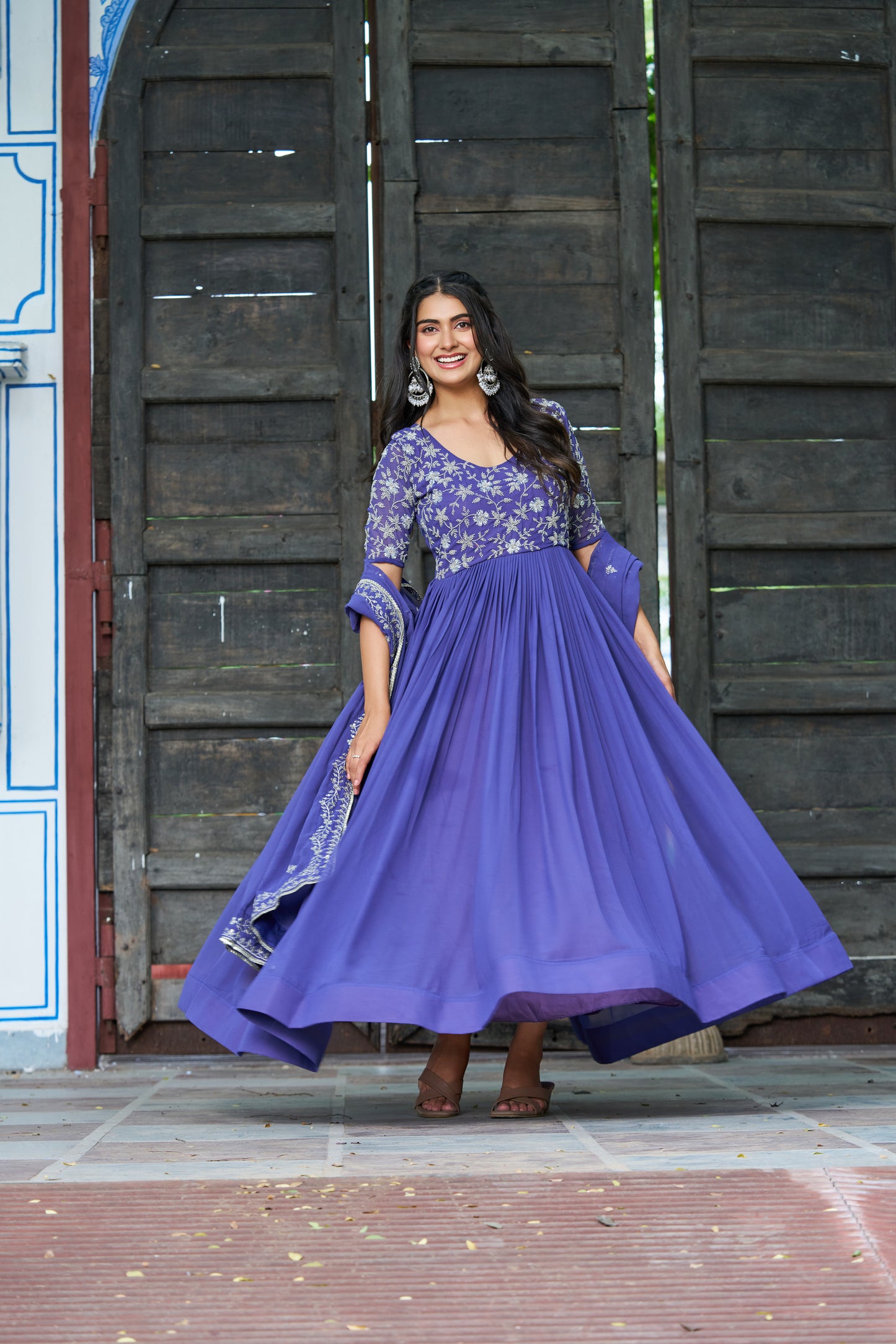 Blue Embroidered work Ethnic Gown