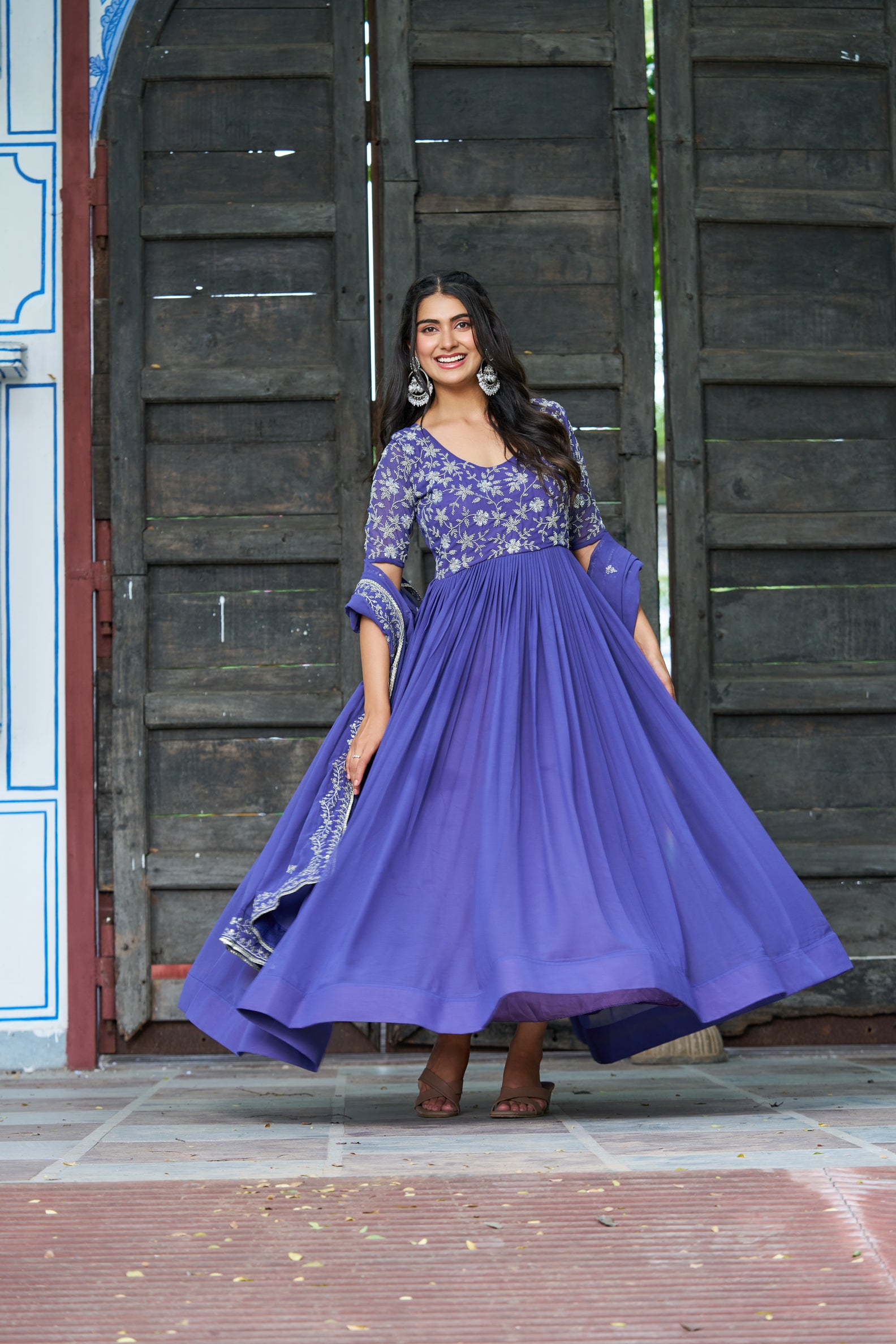 Blue Embroidered work Ethnic Gown