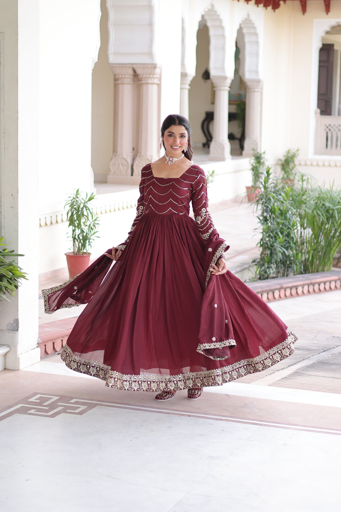 Maroon Vichitra Silk Sequins Embroidered Work Ethnic Dress