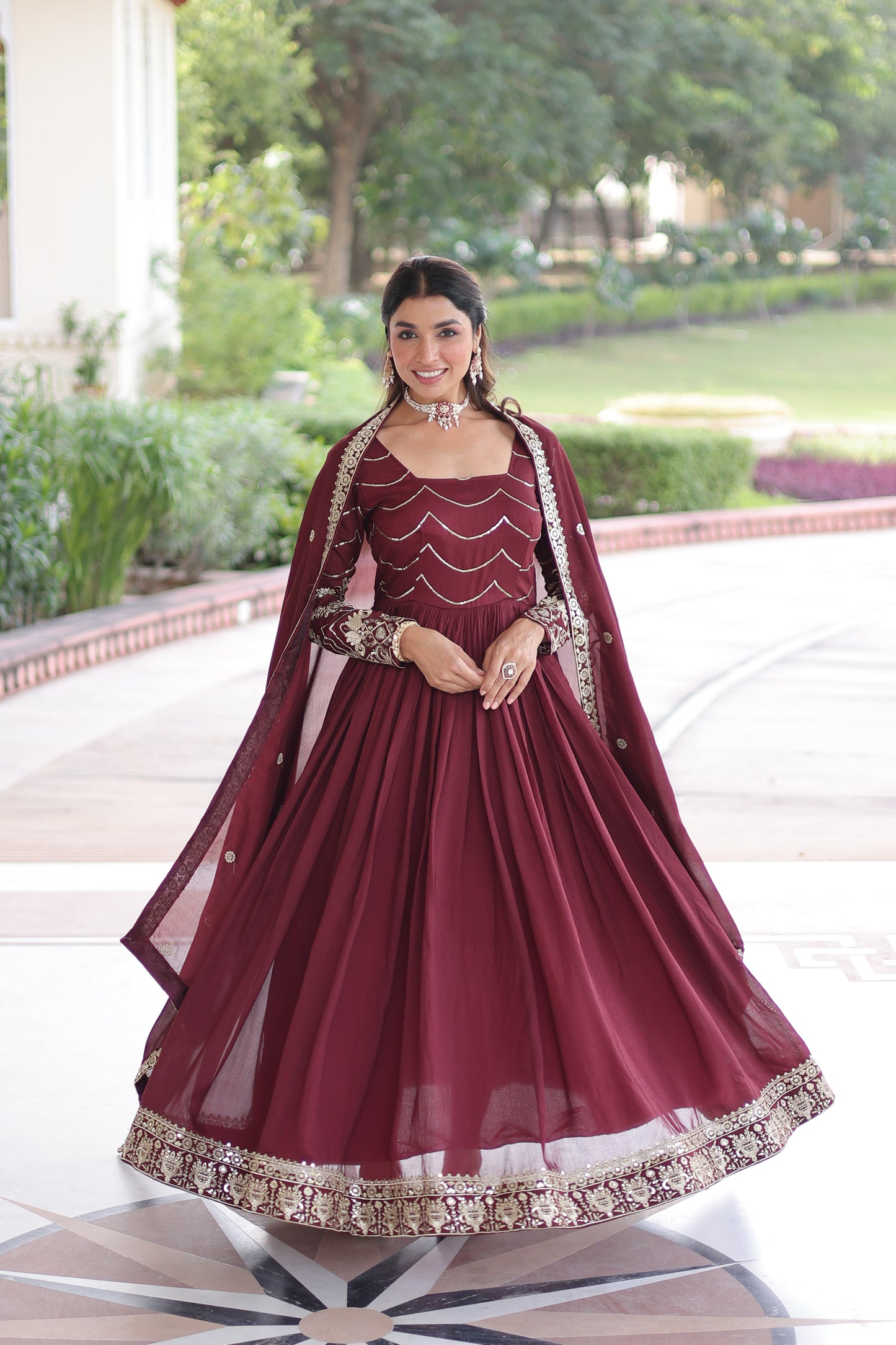 Maroon Vichitra Silk Sequins Embroidered Work Ethnic Dress