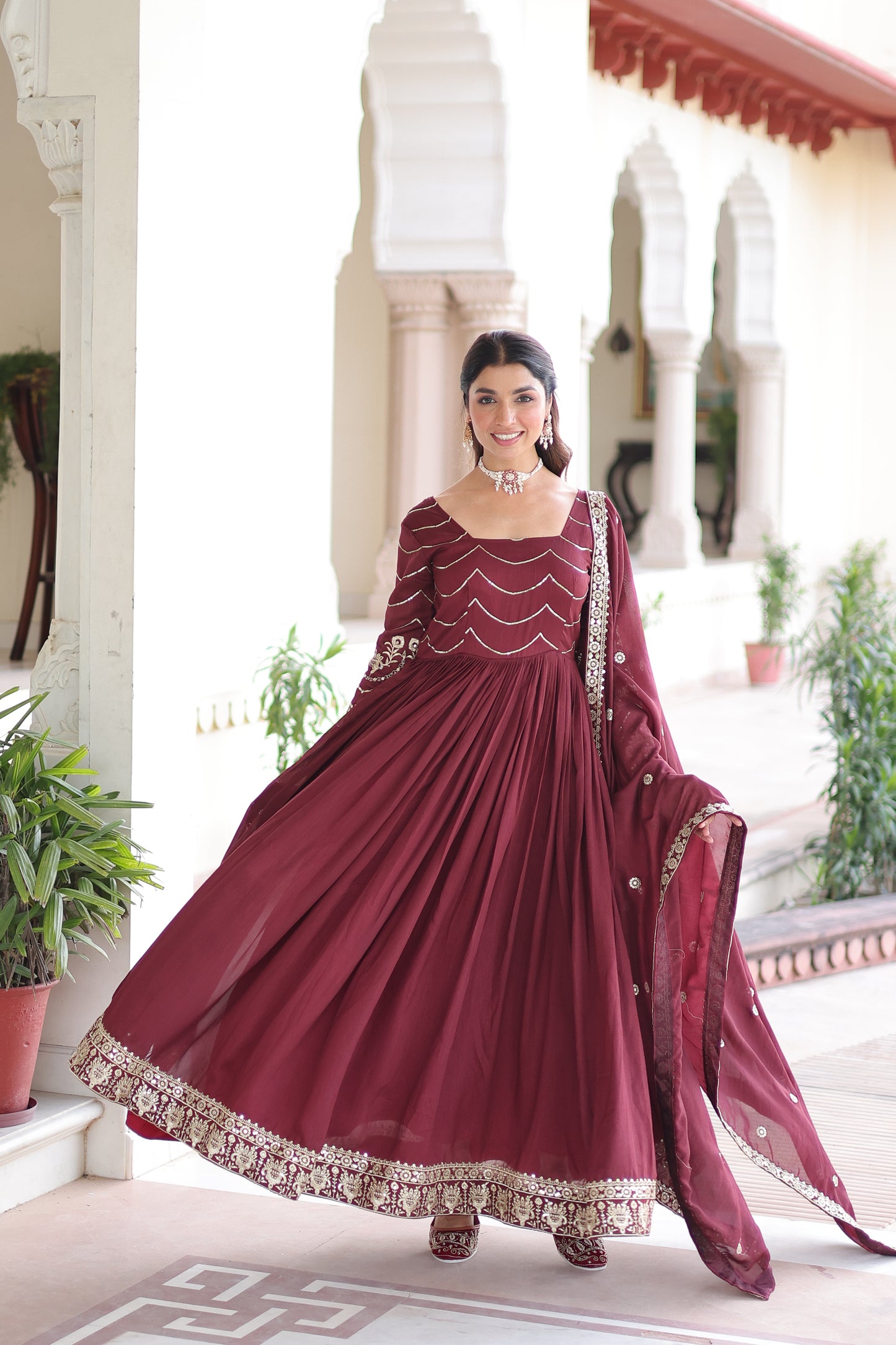 Maroon Vichitra Silk Sequins Embroidered Work Ethnic Dress