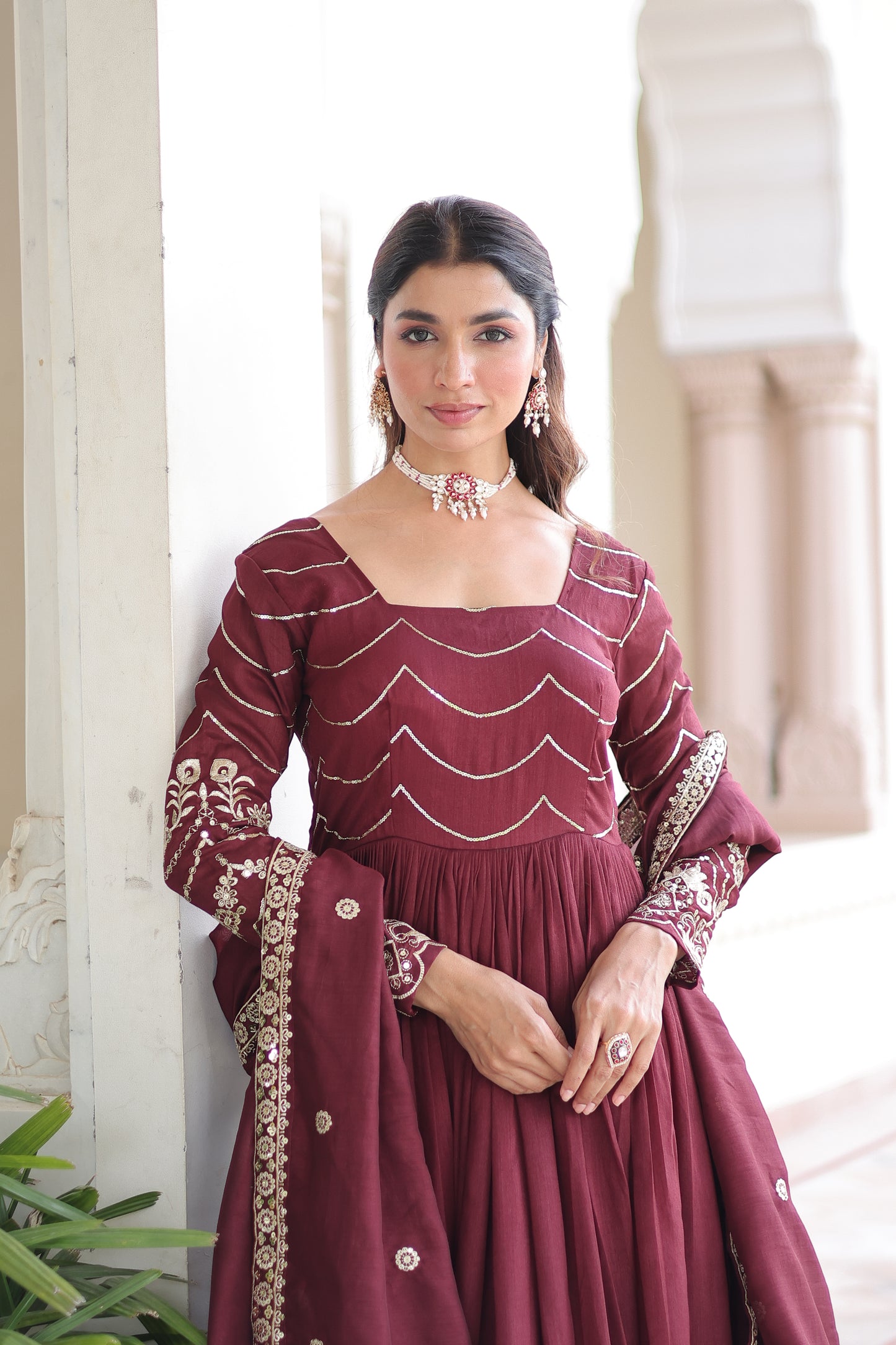 Maroon Vichitra Silk Sequins Embroidered Work Ethnic Dress
