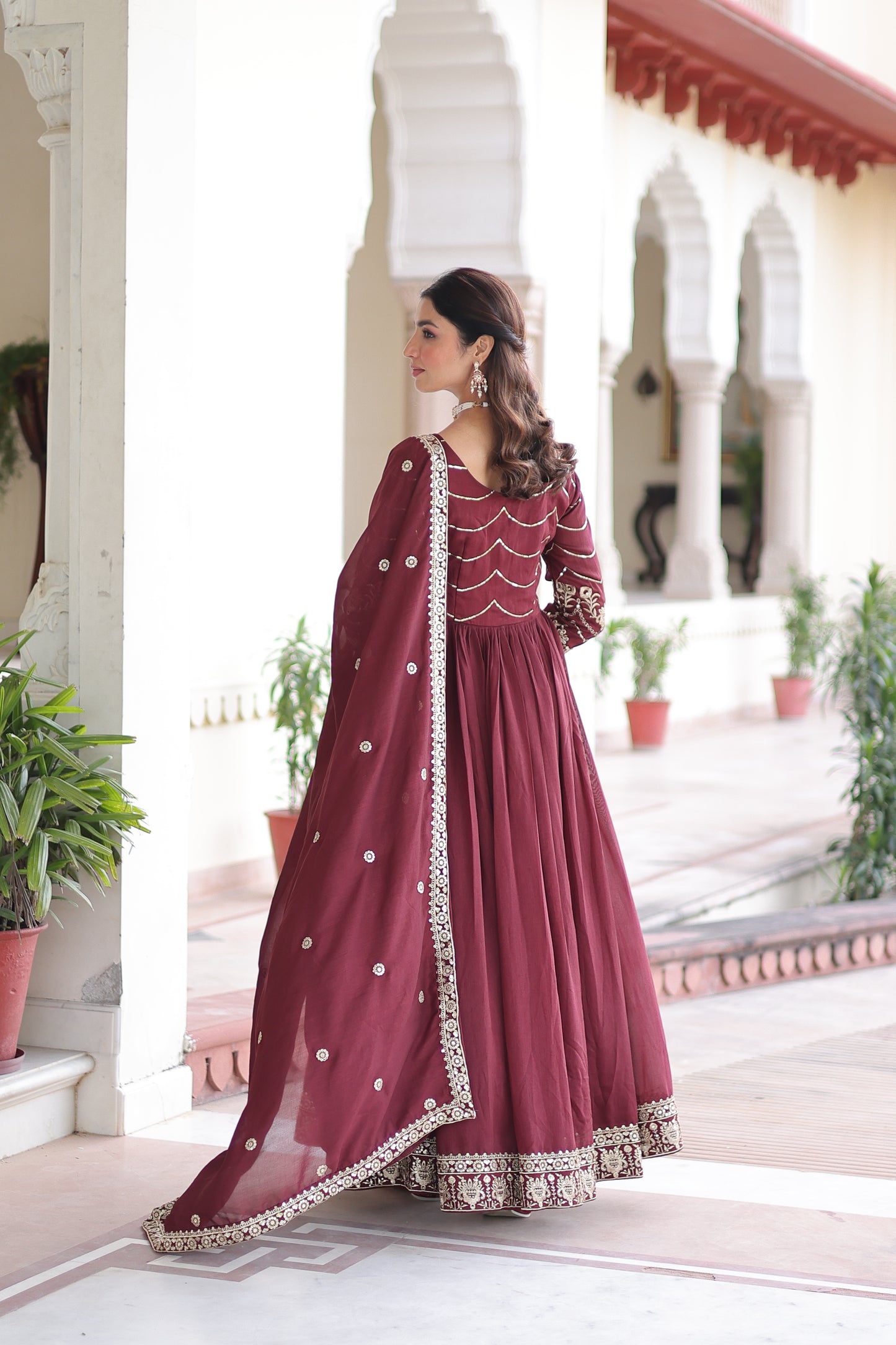 Maroon Vichitra Silk Sequins Embroidered Work Ethnic Dress