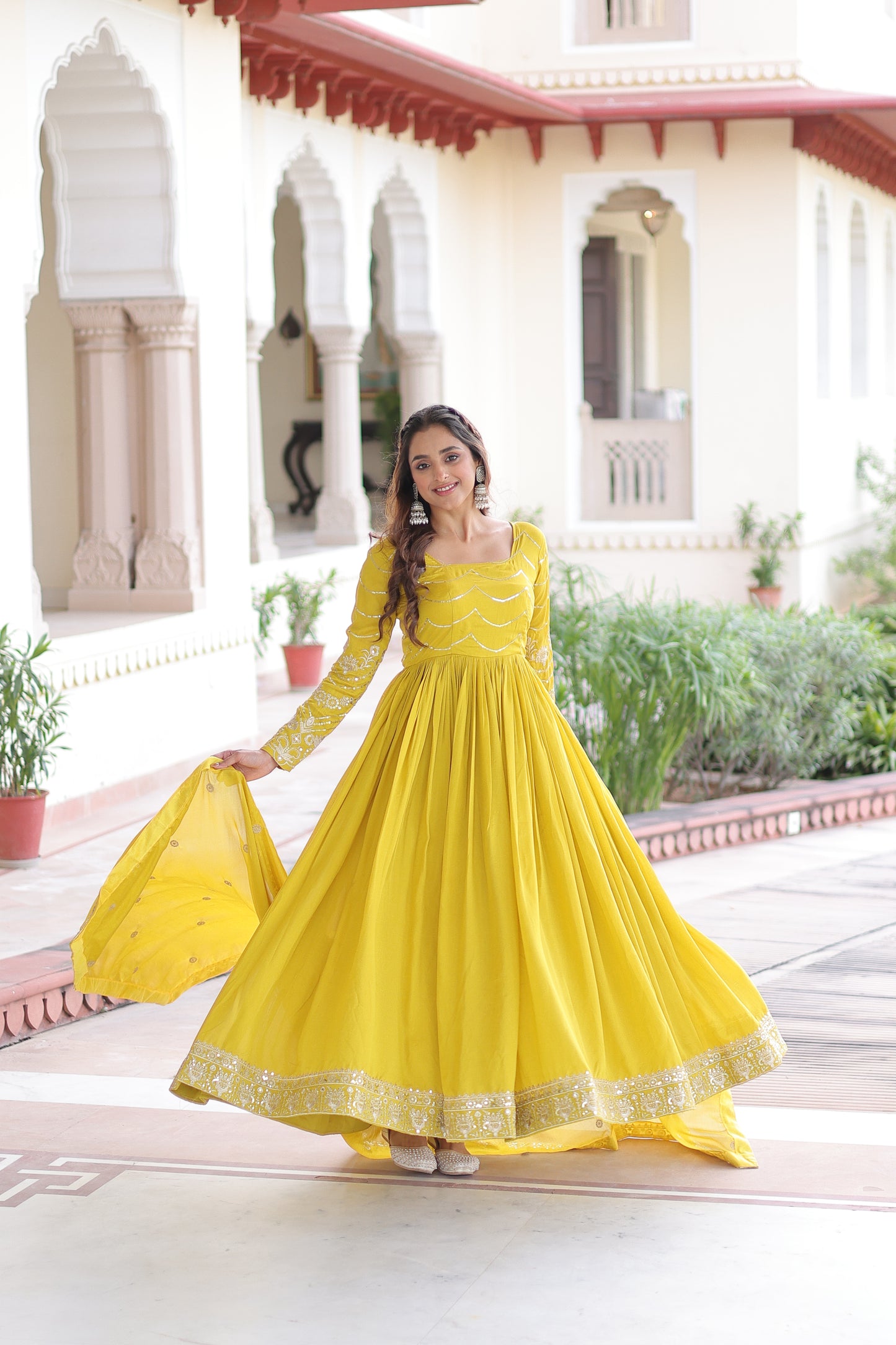 Yellow Vichitra Silk Sequins Embroidered Work Ethnic Dress