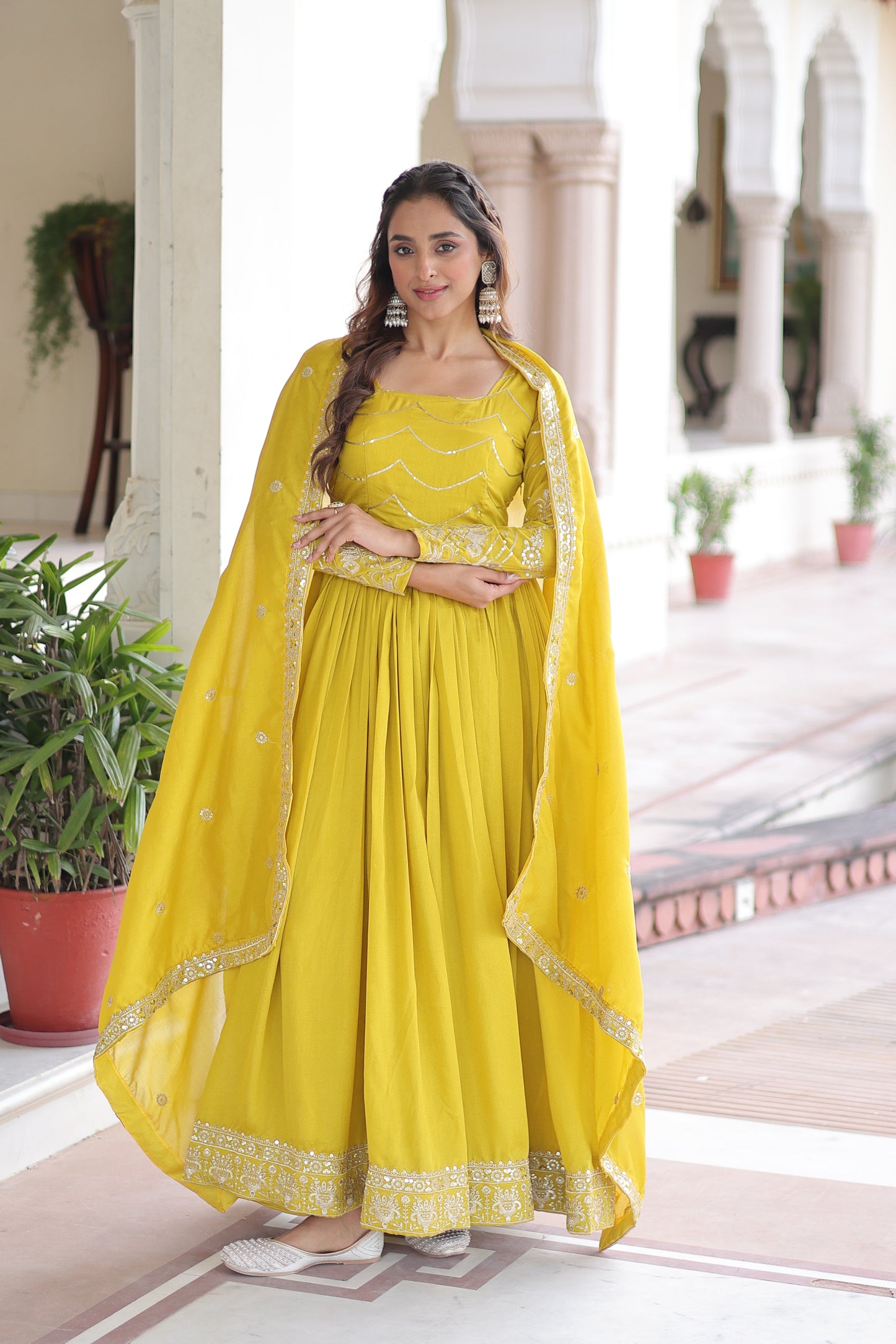 Yellow Vichitra Silk Sequins Embroidered Work Ethnic Dress