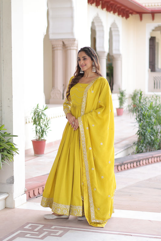 Yellow Vichitra Silk Sequins Embroidered Work Ethnic Dress