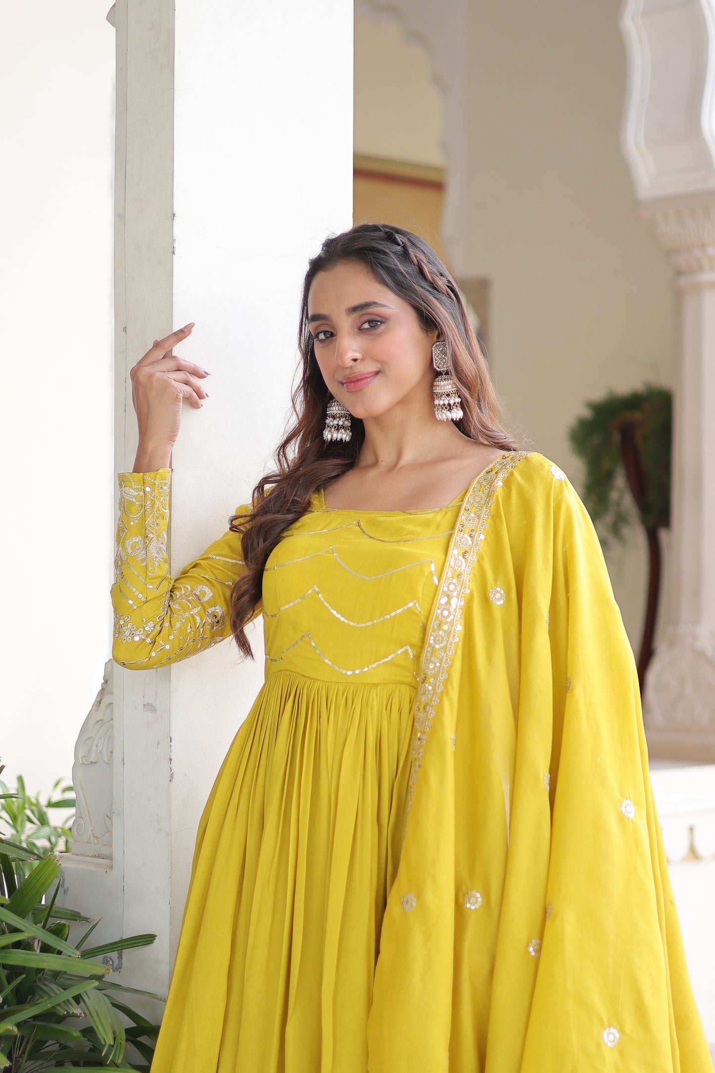 Yellow Vichitra Silk Sequins Embroidered Work Ethnic Dress