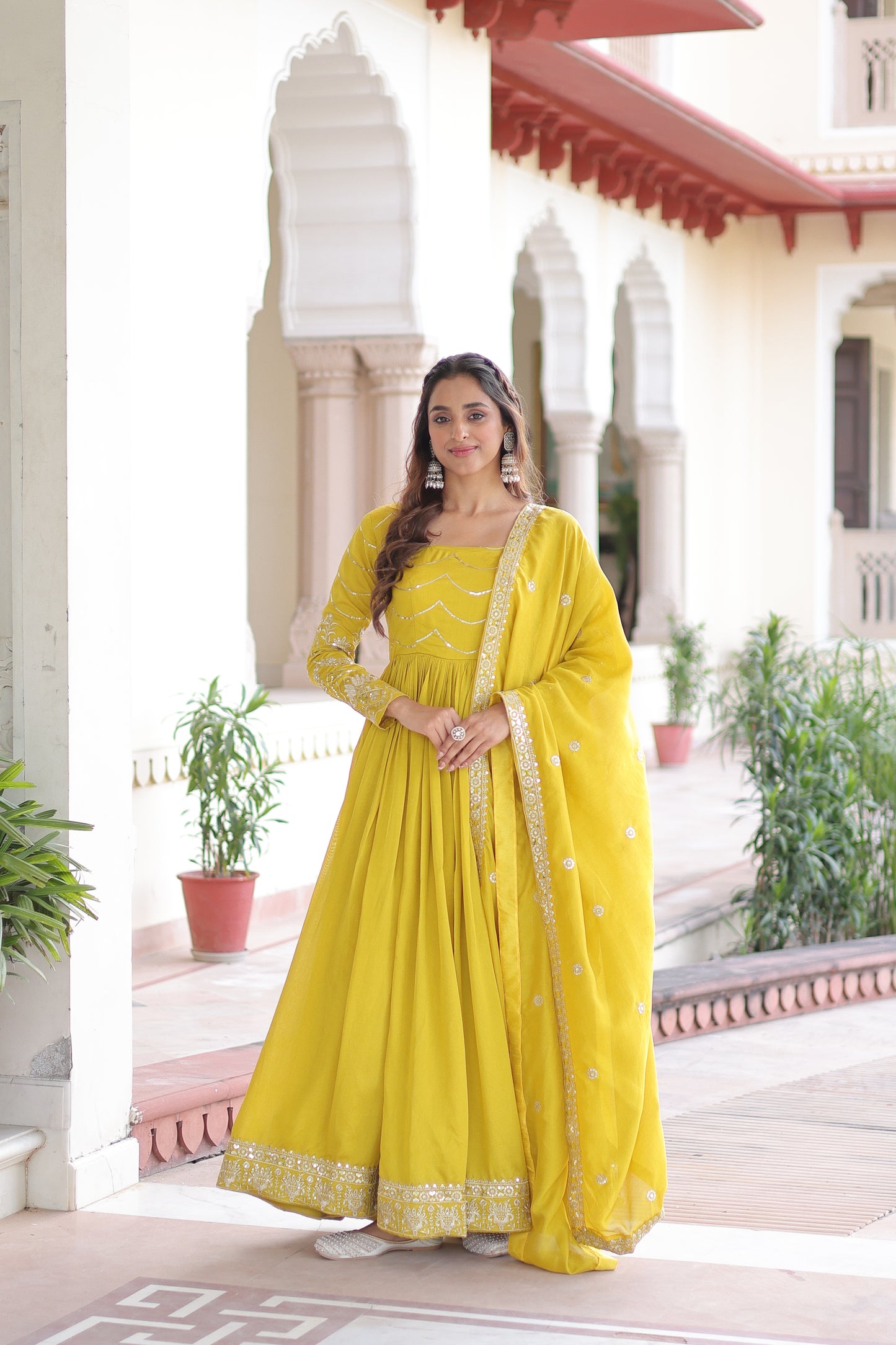 Yellow Vichitra Silk Sequins Embroidered Work Ethnic Dress