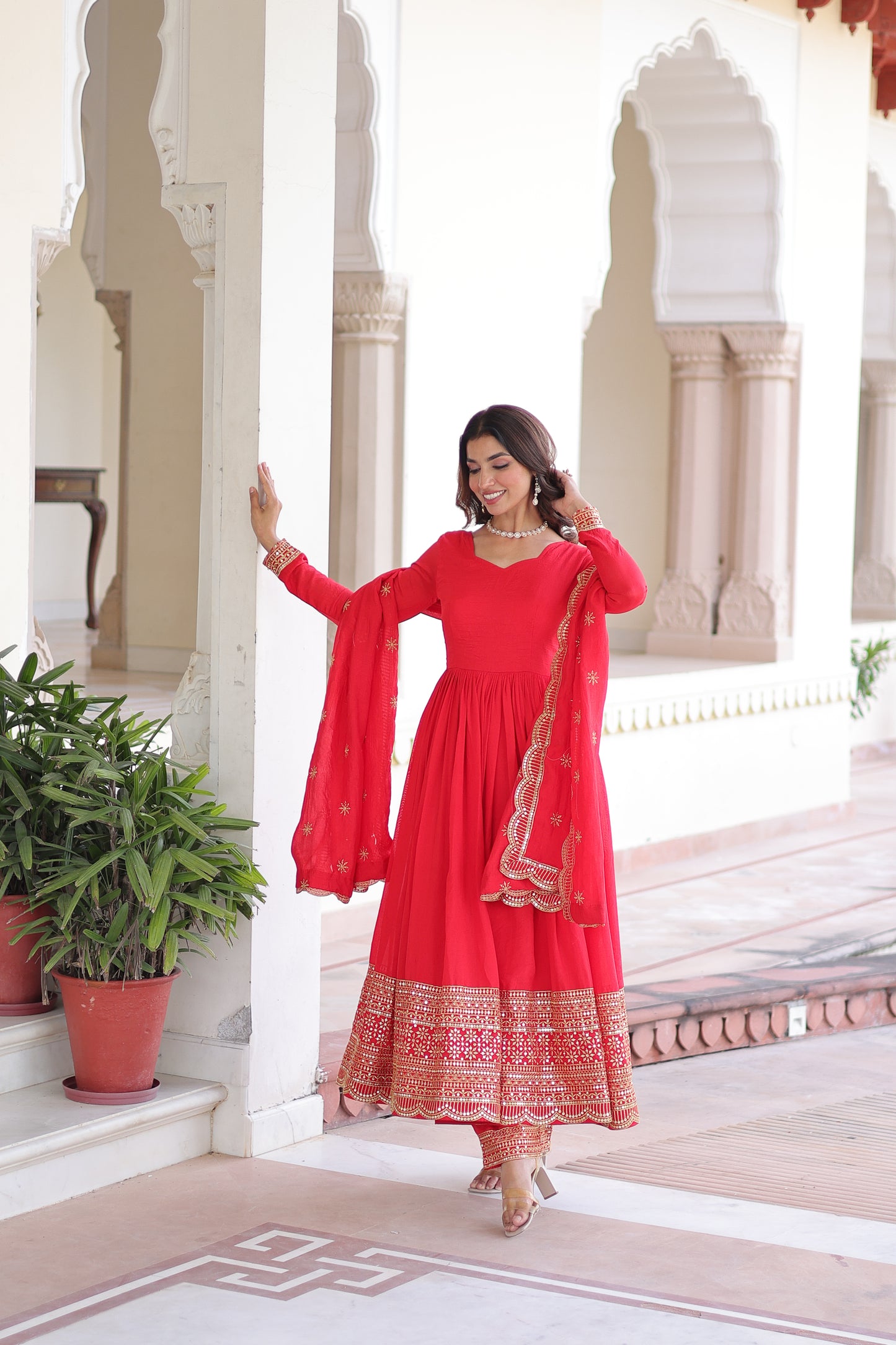 Red Sequins Embroidered Work Suit Set