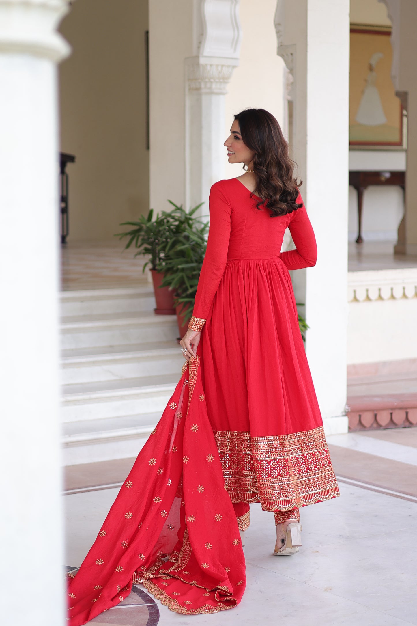 Red Sequins Embroidered Work Suit Set