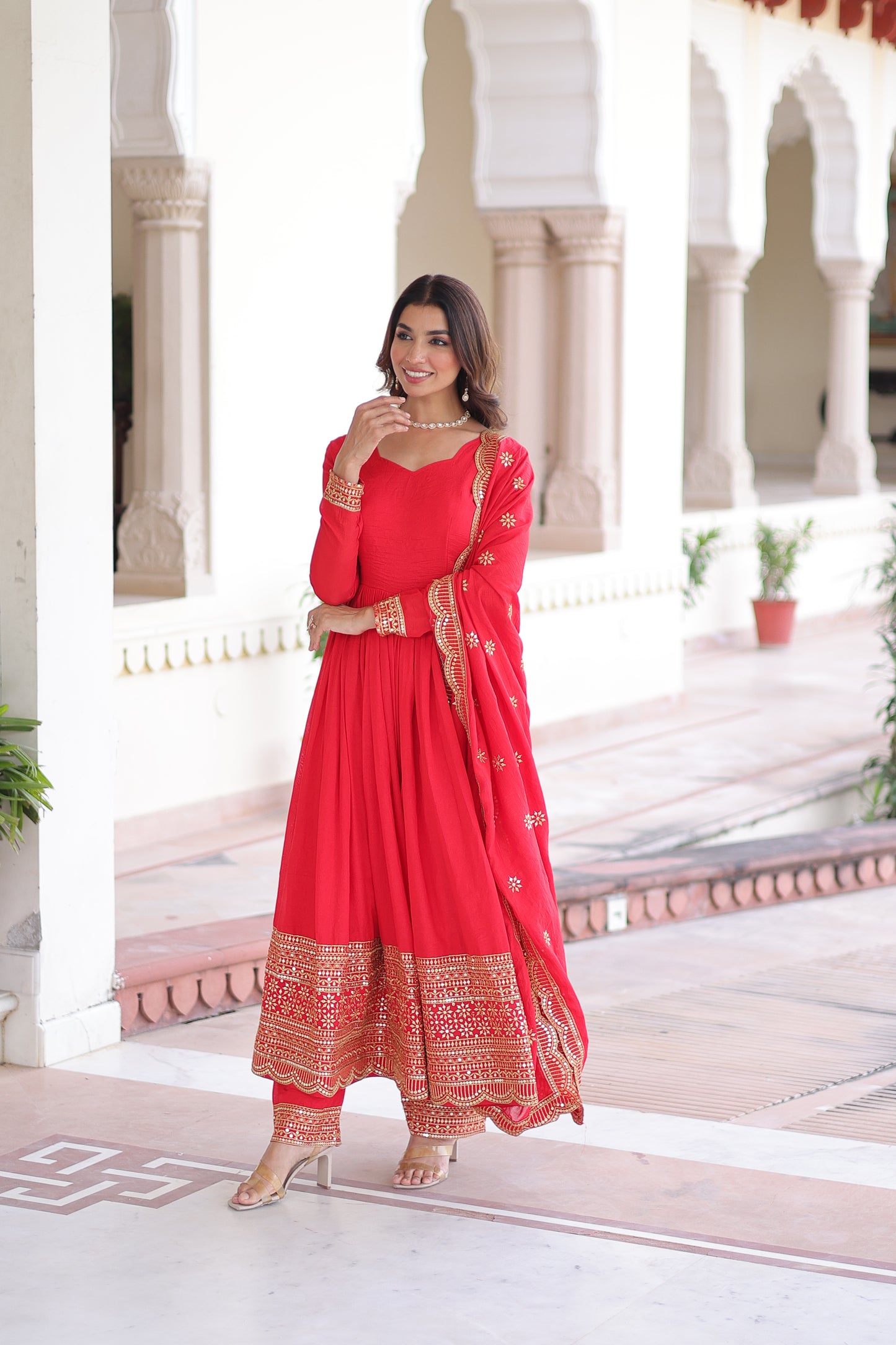 Red Sequins Embroidered Work Suit Set