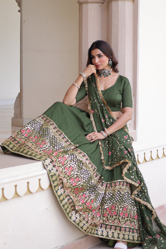 Green Vichitra Silk Sequins and Thread Embroidered work Lehenga Choli