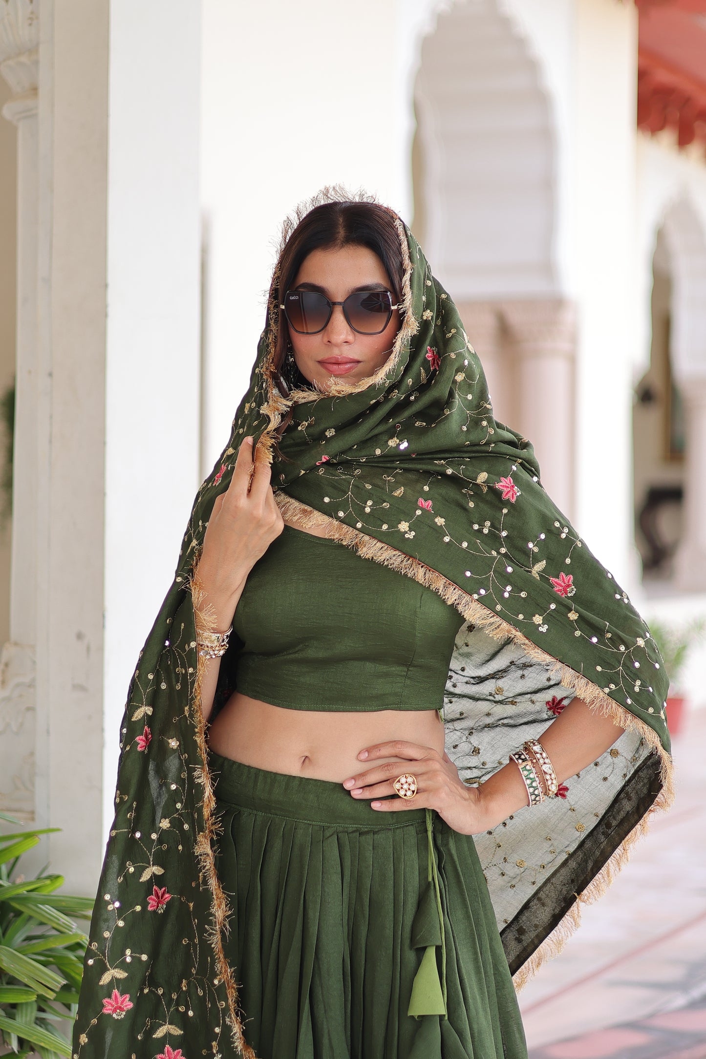 Green Vichitra Silk Sequins and Thread Embroidered work Lehenga Choli