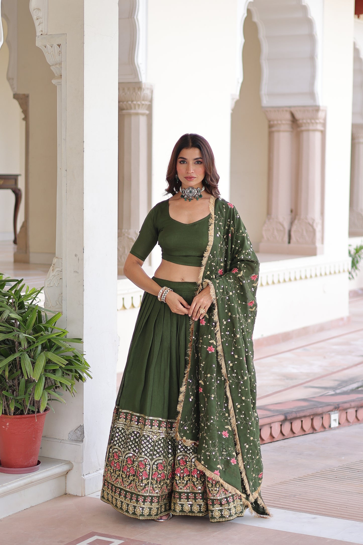 Green Vichitra Silk Sequins and Thread Embroidered work Lehenga Choli