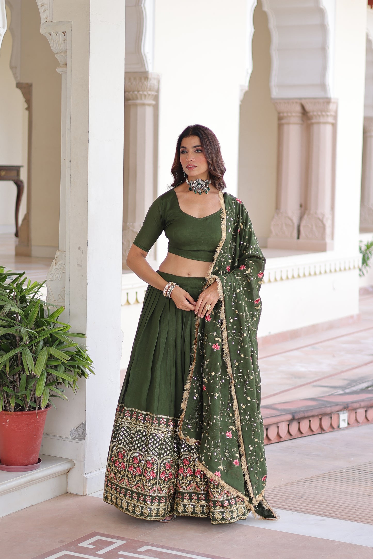 Green Vichitra Silk Sequins and Thread Embroidered work Lehenga Choli