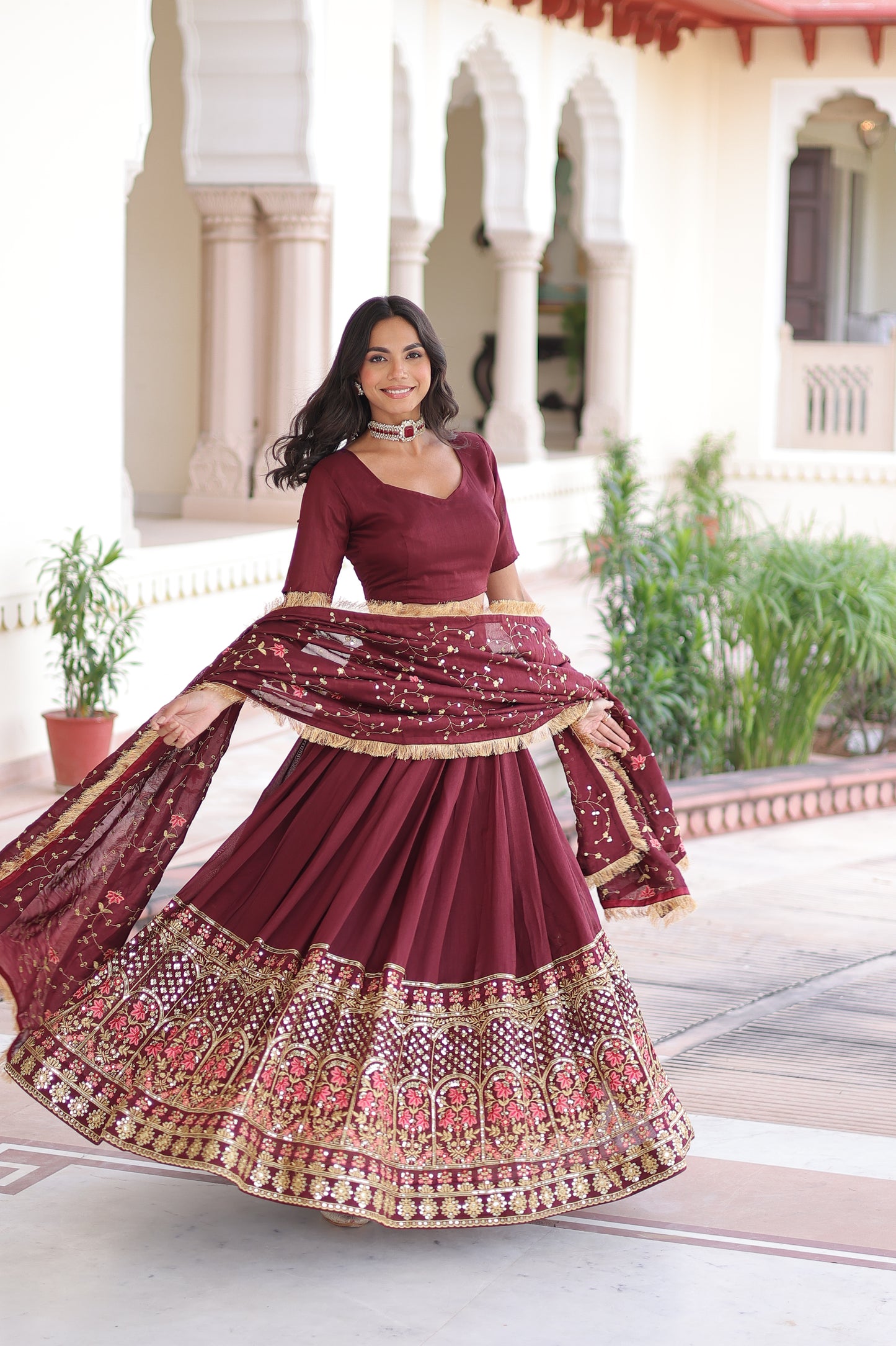 Maroon Vichitra Silk Sequins and Thread Embroidered work Lehenga Choli