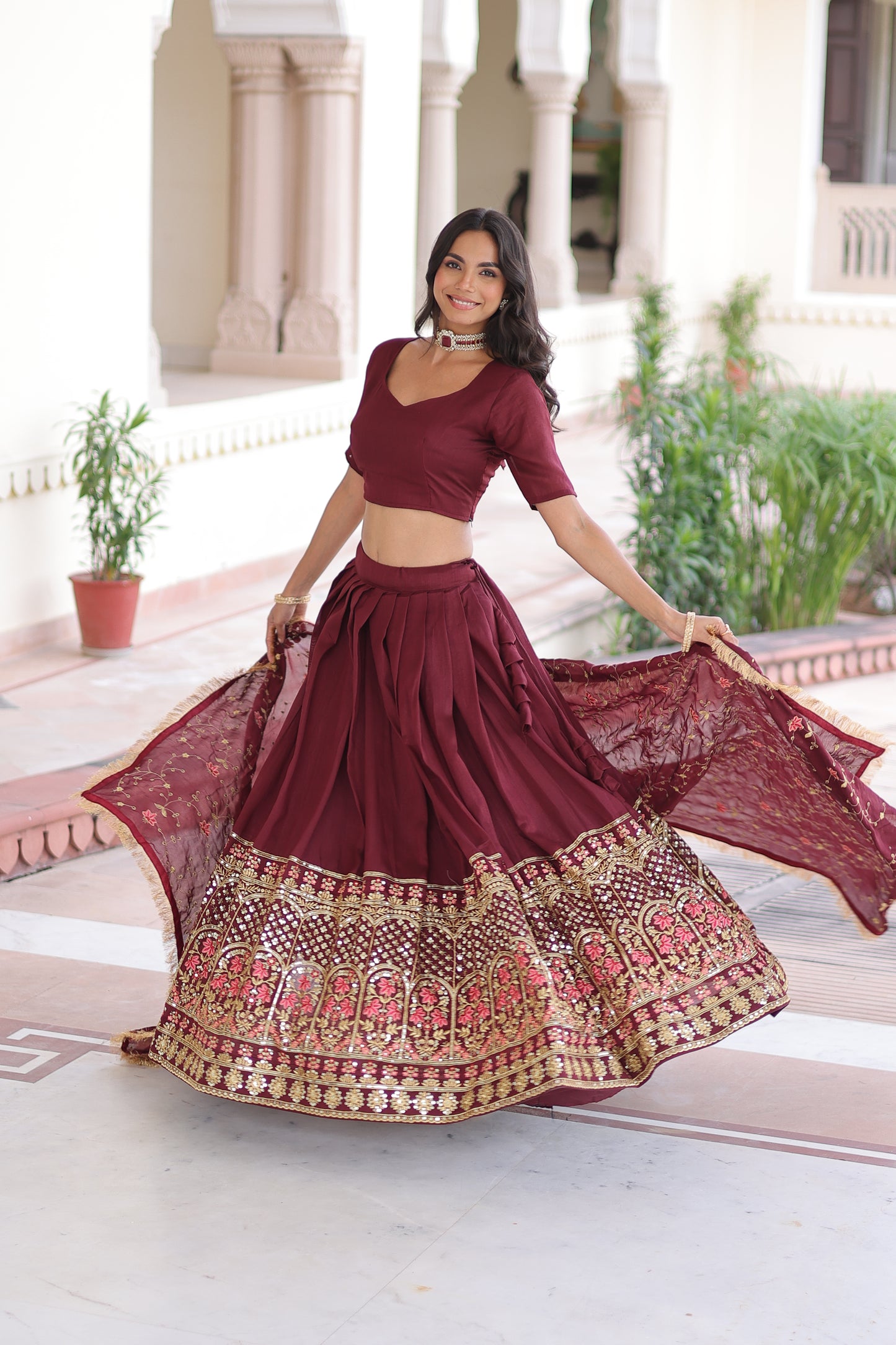 Maroon Vichitra Silk Sequins and Thread Embroidered work Lehenga Choli