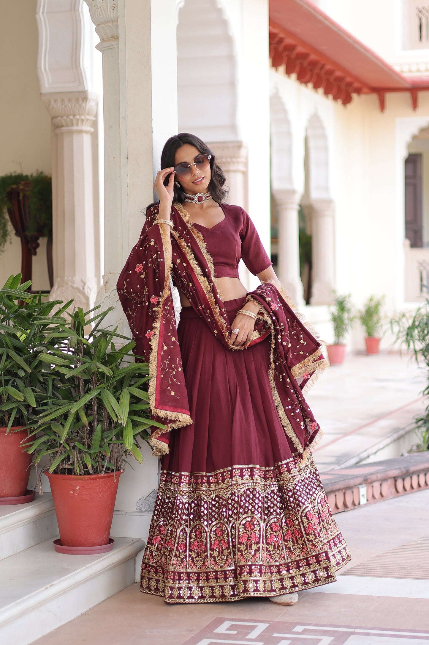 Maroon Vichitra Silk Sequins and Thread Embroidered work Lehenga Choli