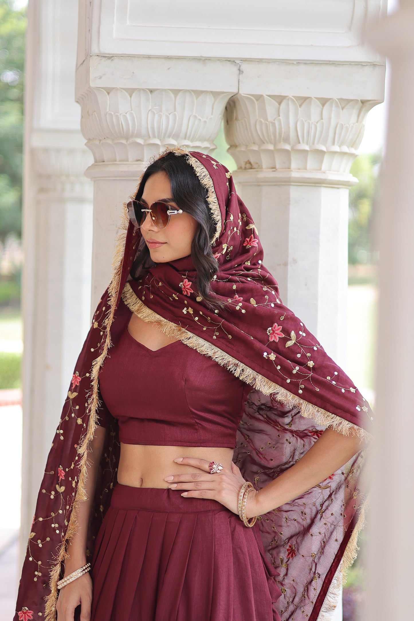 Maroon Vichitra Silk Sequins and Thread Embroidered work Lehenga Choli