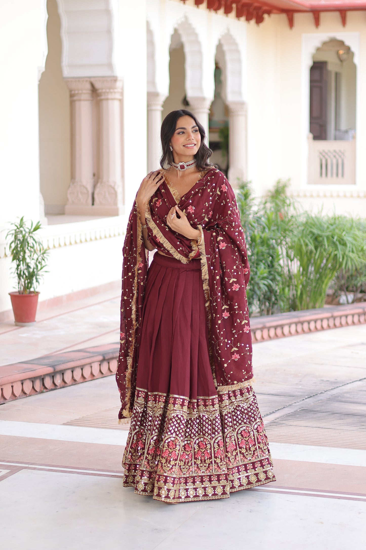 Maroon Vichitra Silk Sequins and Thread Embroidered work Lehenga Choli