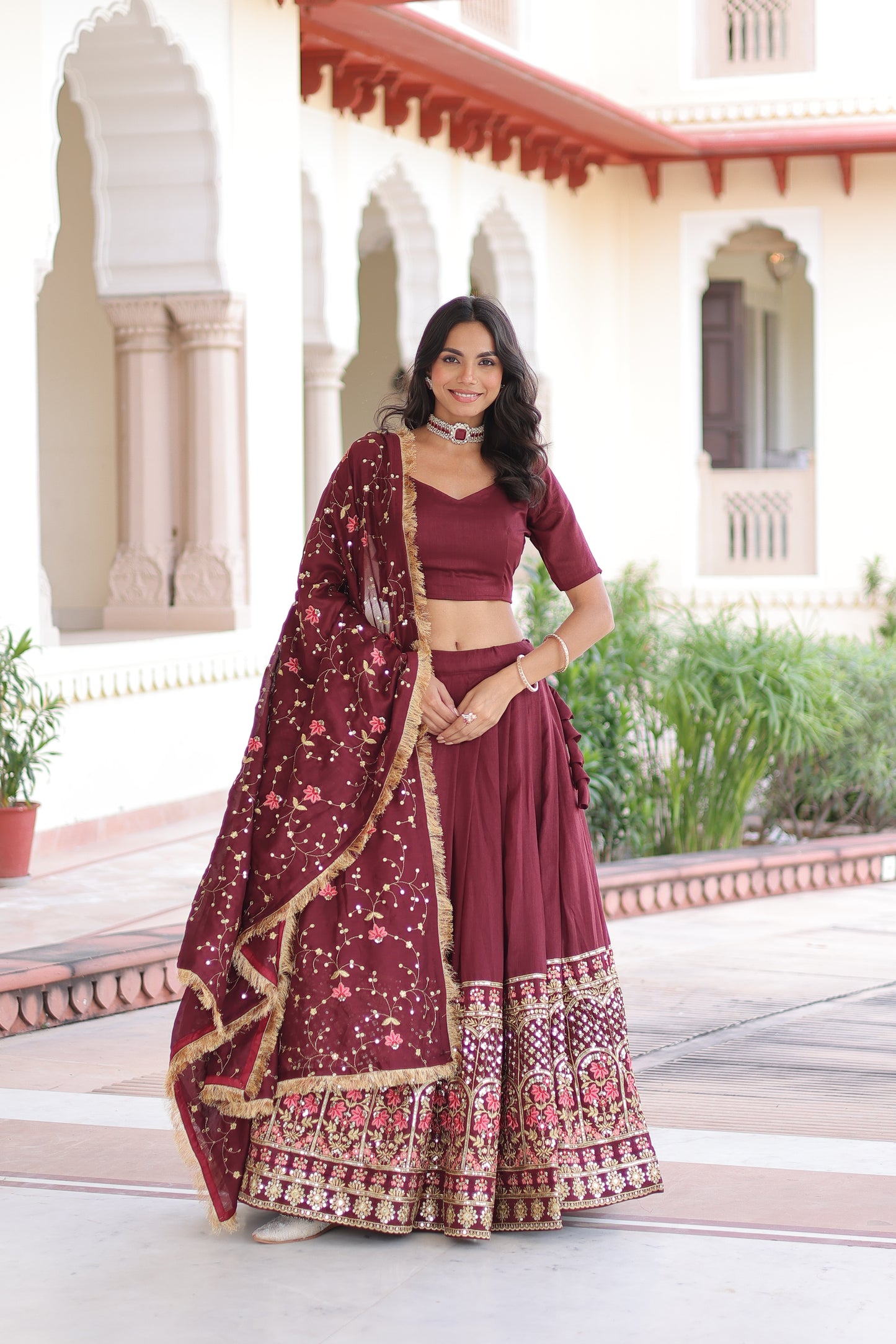 Maroon Vichitra Silk Sequins and Thread Embroidered work Lehenga Choli